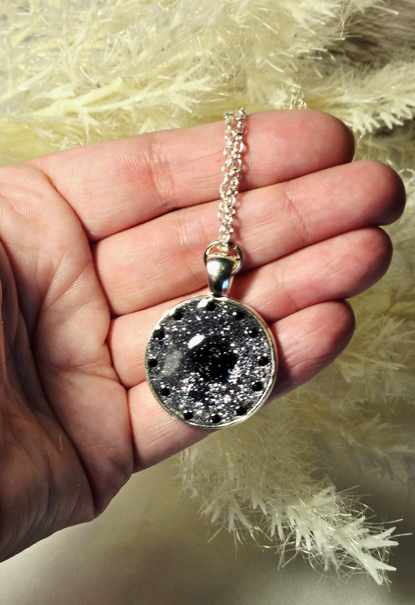 Silver Glitter Pendant Necklace with Black Rose Detail