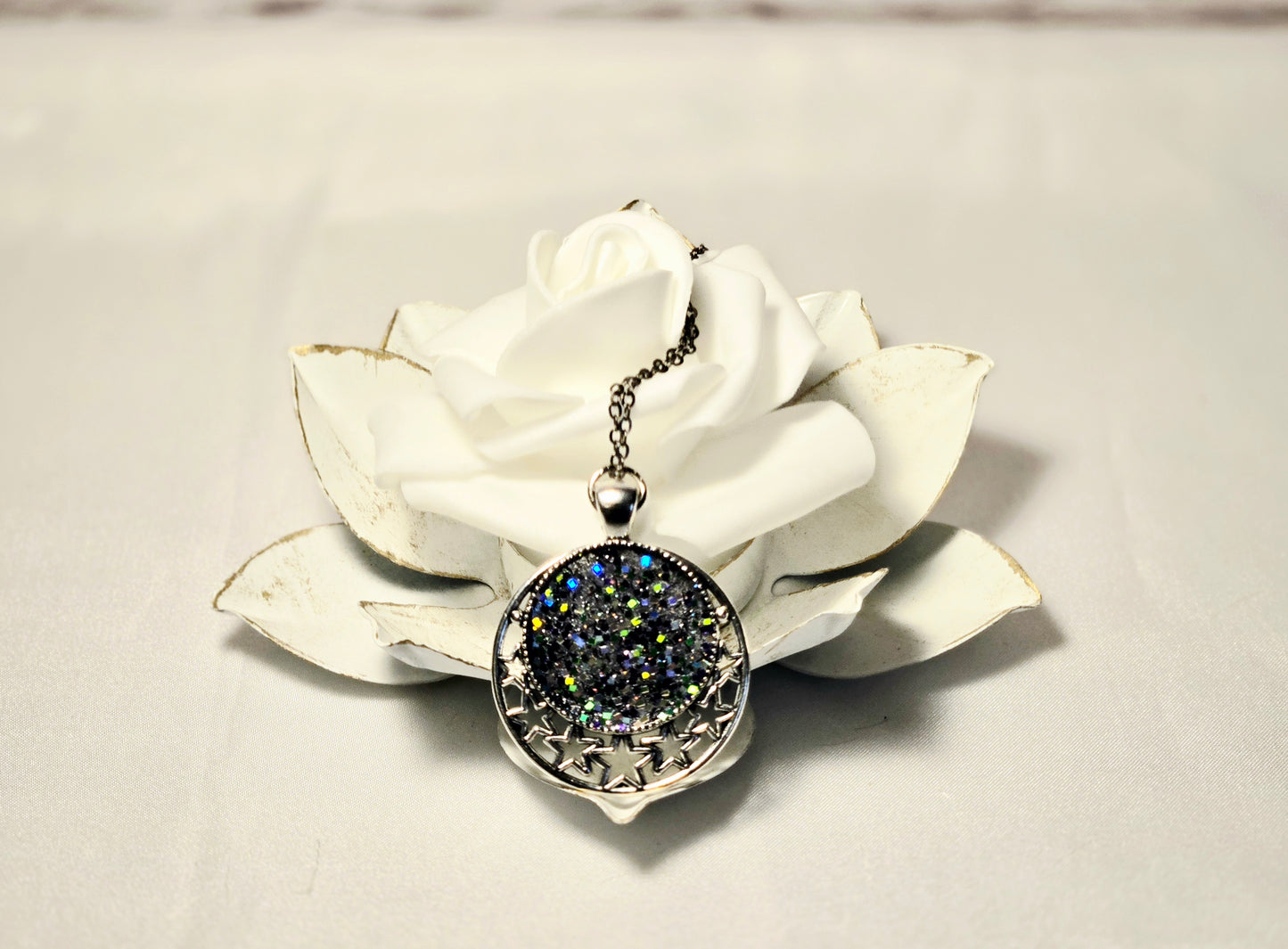Celestial Silver Star Necklace – Handmade Glitter Moon Pendant