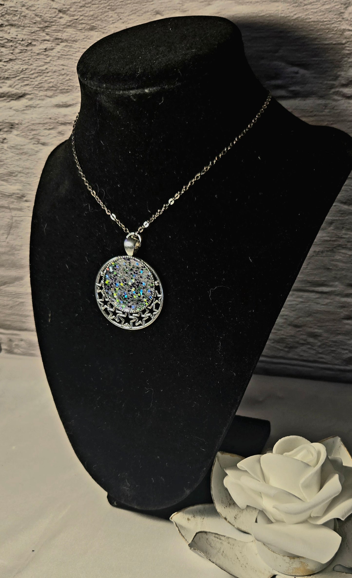 Celestial Silver Star Necklace – Handmade Glitter Moon Pendant
