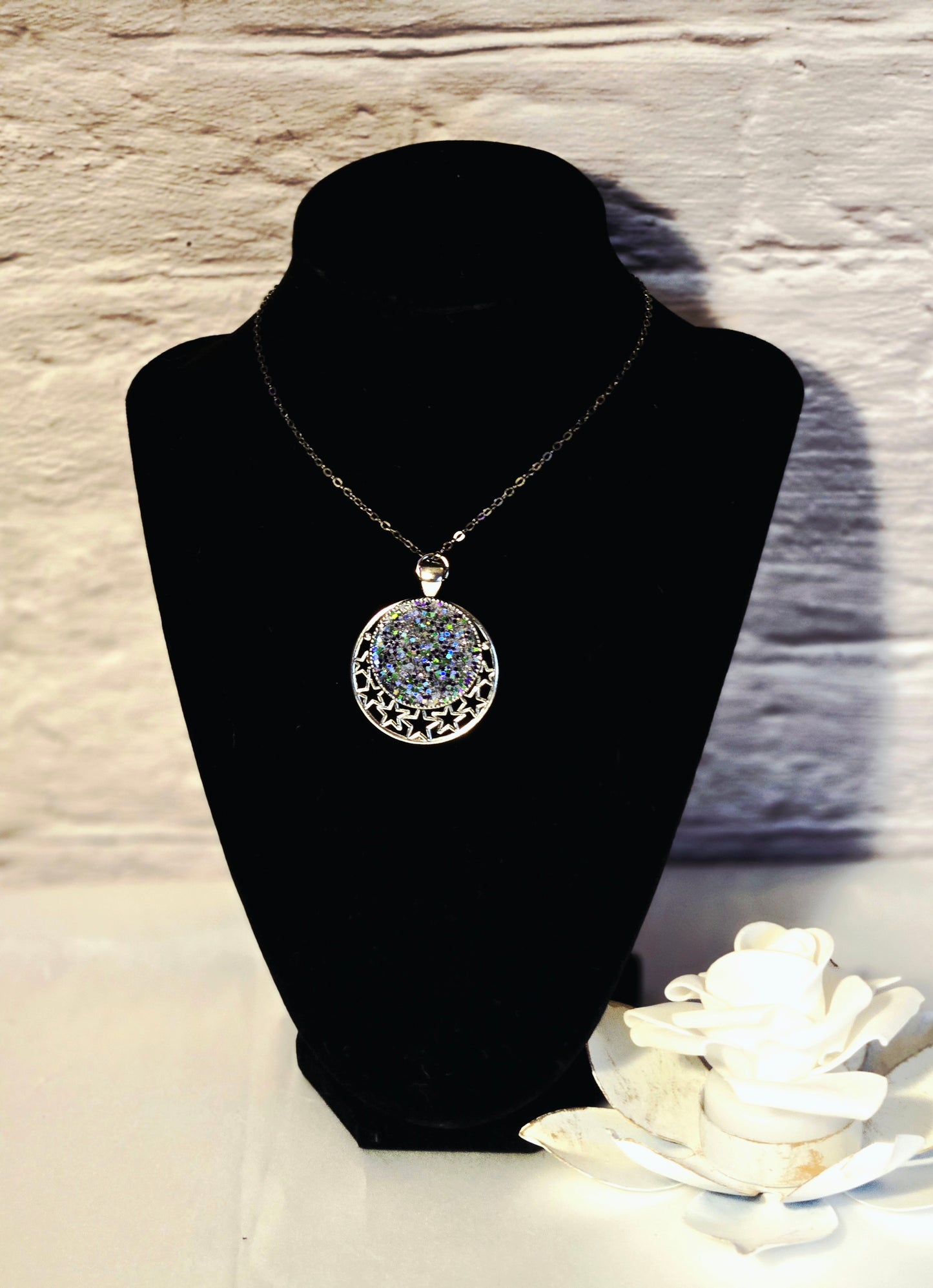 Celestial Silver Star Necklace – Handmade Glitter Moon Pendant