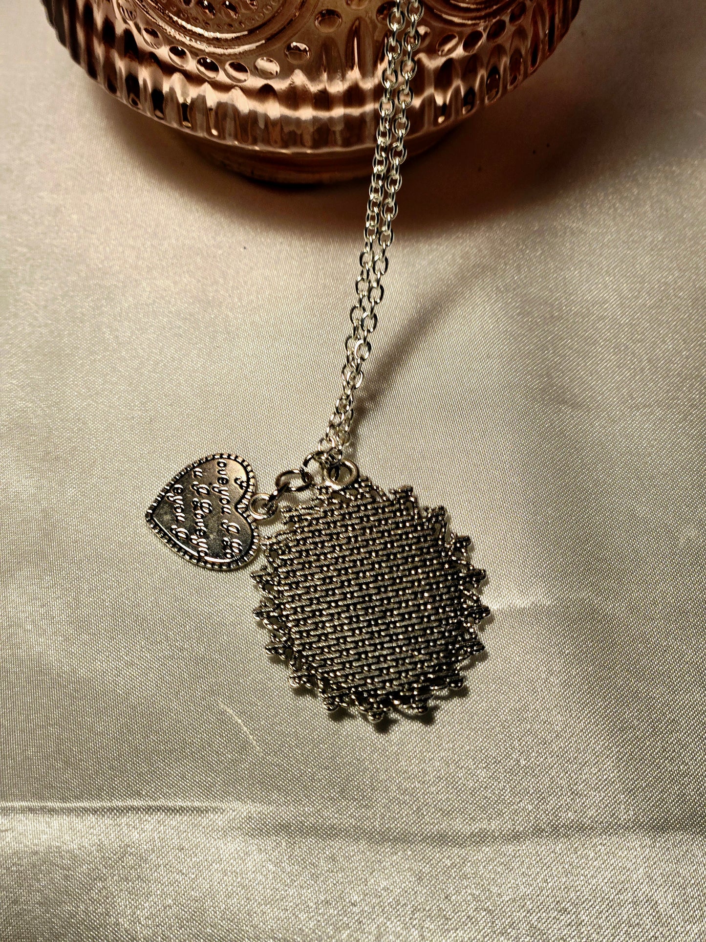 Pressed Rose Necklace with Heart Charm – Vintage Script Pendant in Silver