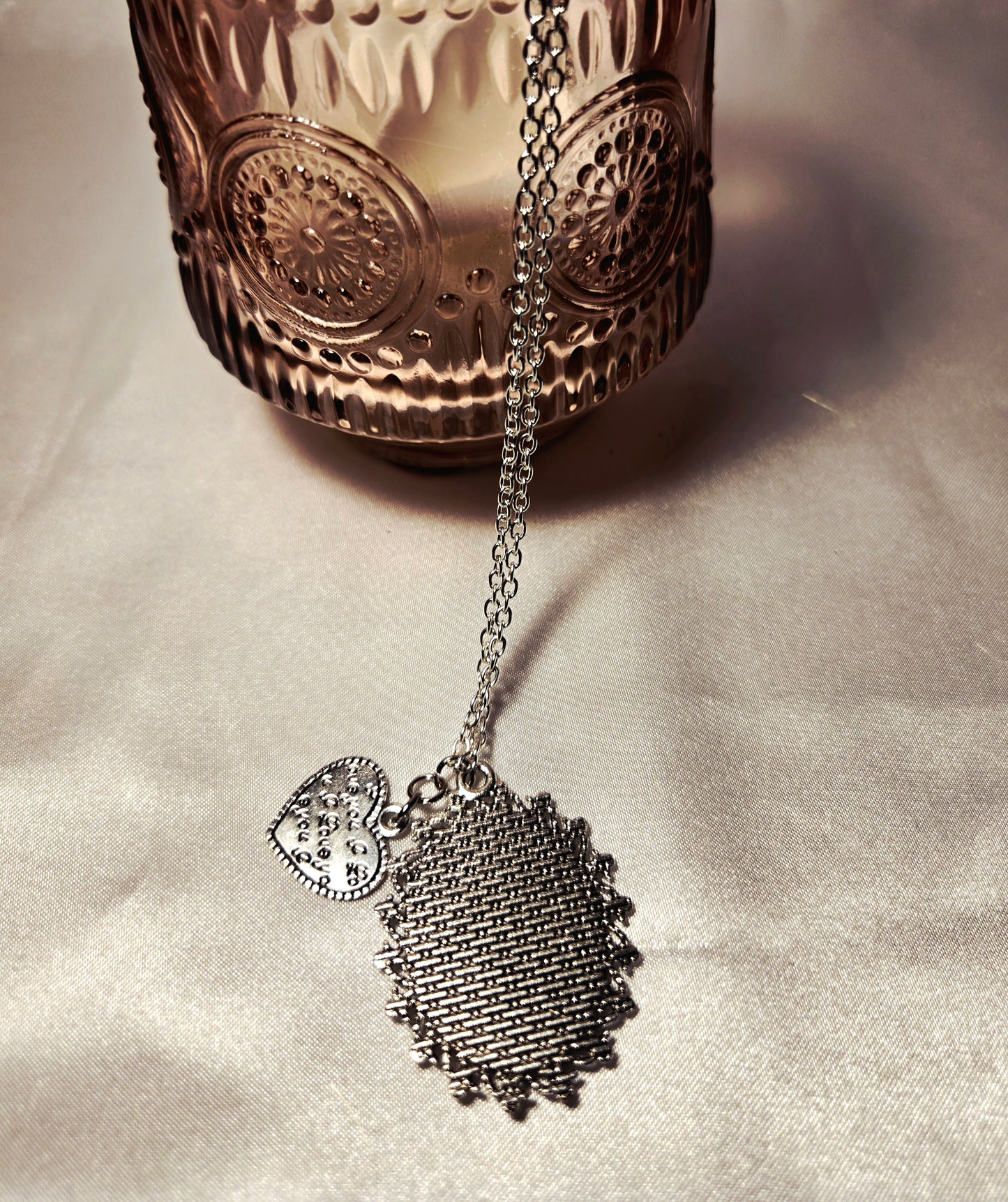 Pressed Rose Necklace with Heart Charm – Vintage Script Pendant in Silver