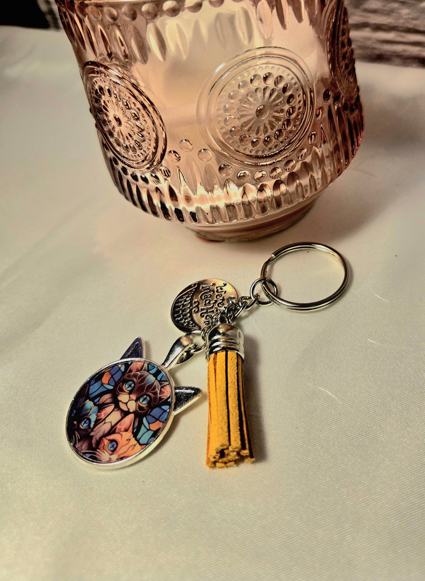 Stained Glass Cat Trio Keychain – Cute Cat Lover Gift with Tassel Charm