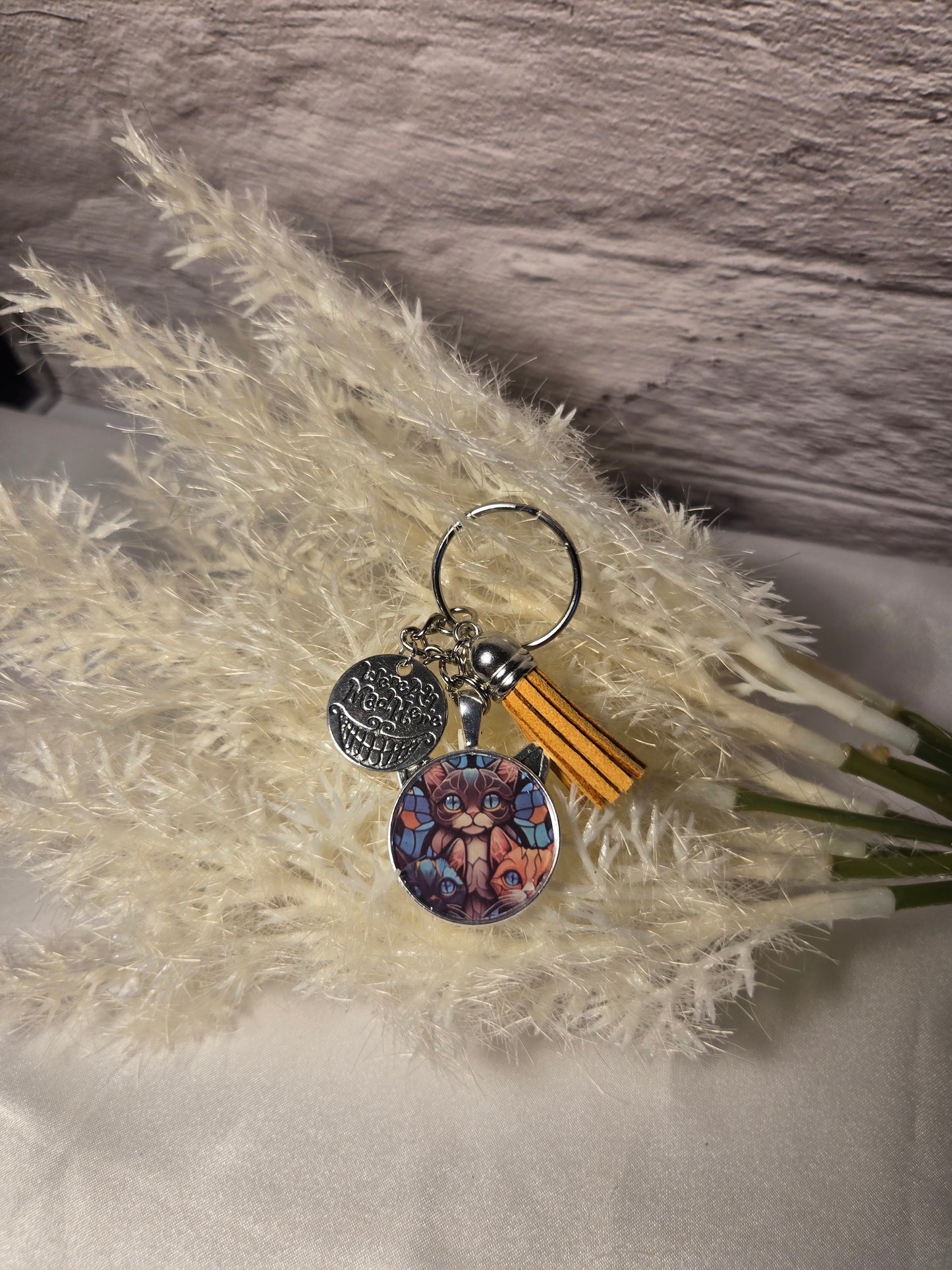 Stained Glass Cat Trio Keychain – Cute Cat Lover Gift with Tassel Charm
