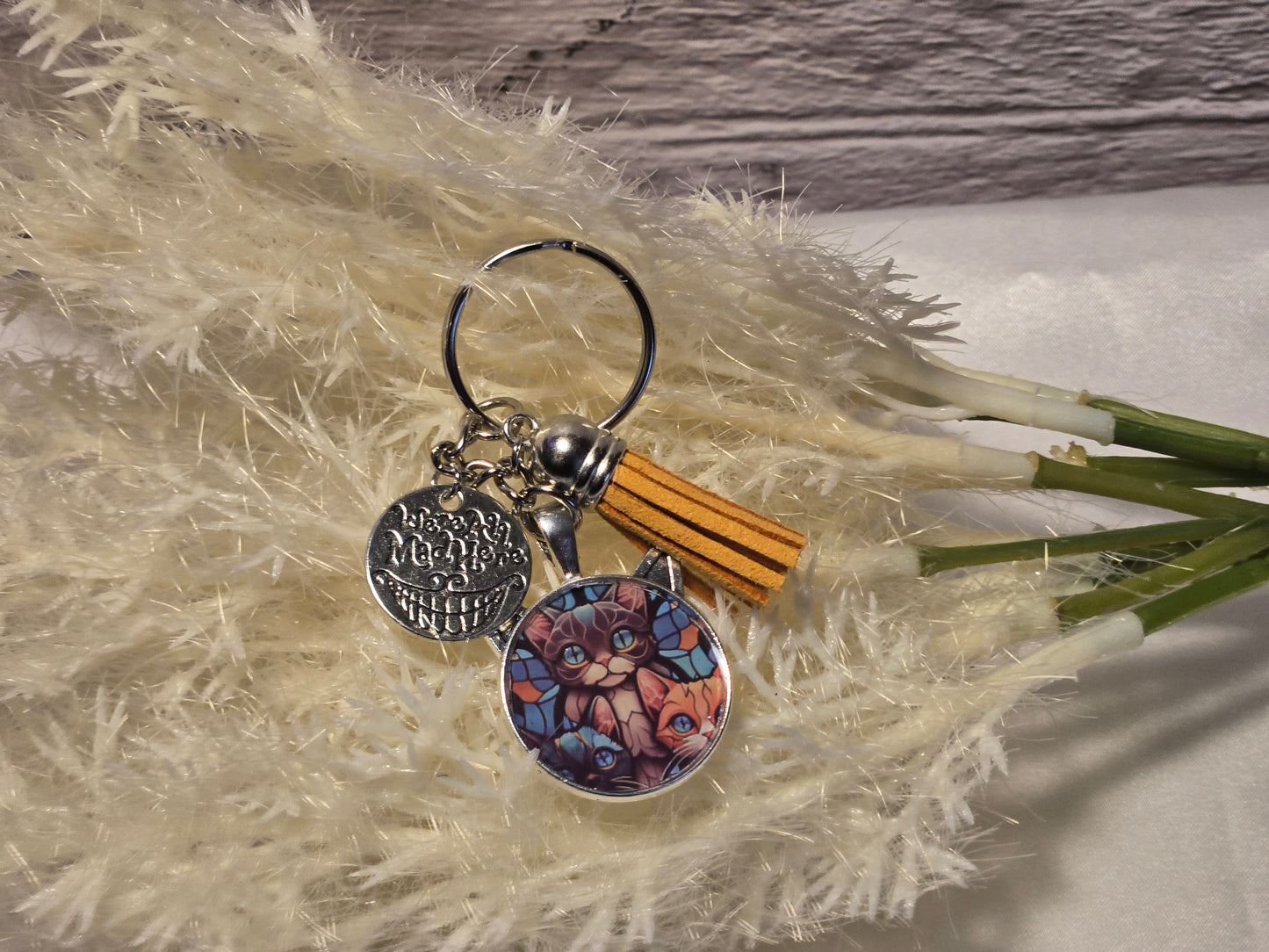 Stained Glass Cat Trio Keychain – Cute Cat Lover Gift with Tassel Charm