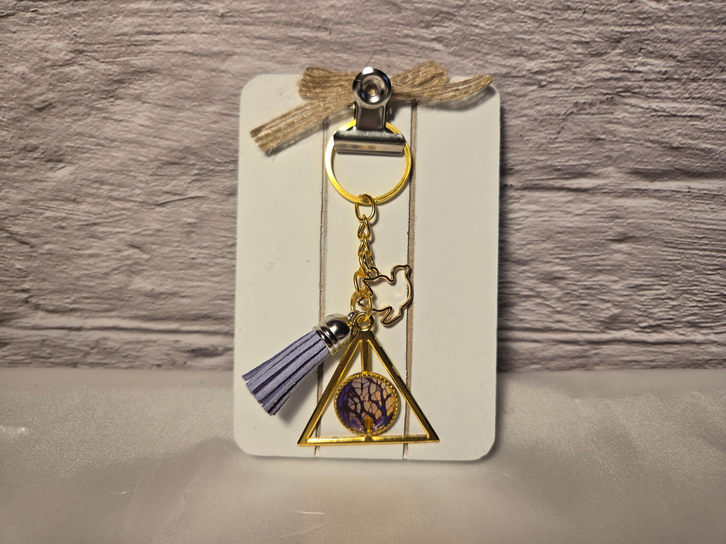 Geometric Triangle Keychain with Purple Pendant & Tassel – Boho Chic Charm Gift