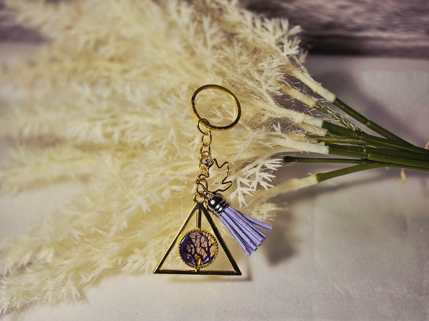 Geometric Triangle Keychain with Purple Pendant & Tassel – Boho Chic Charm Gift