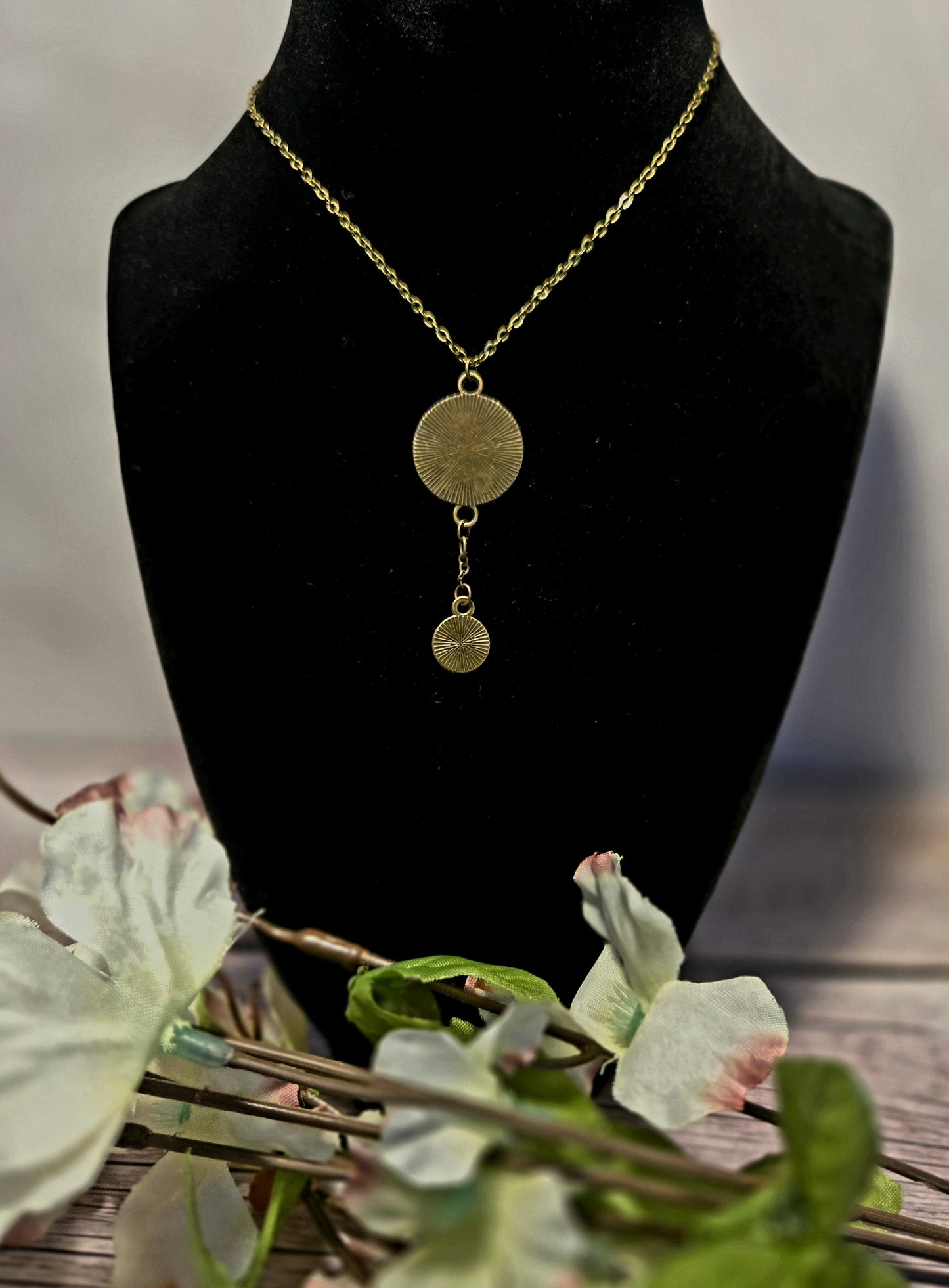 Pressed Flower Pendant Necklace – Antique Brass Double Bloom Design