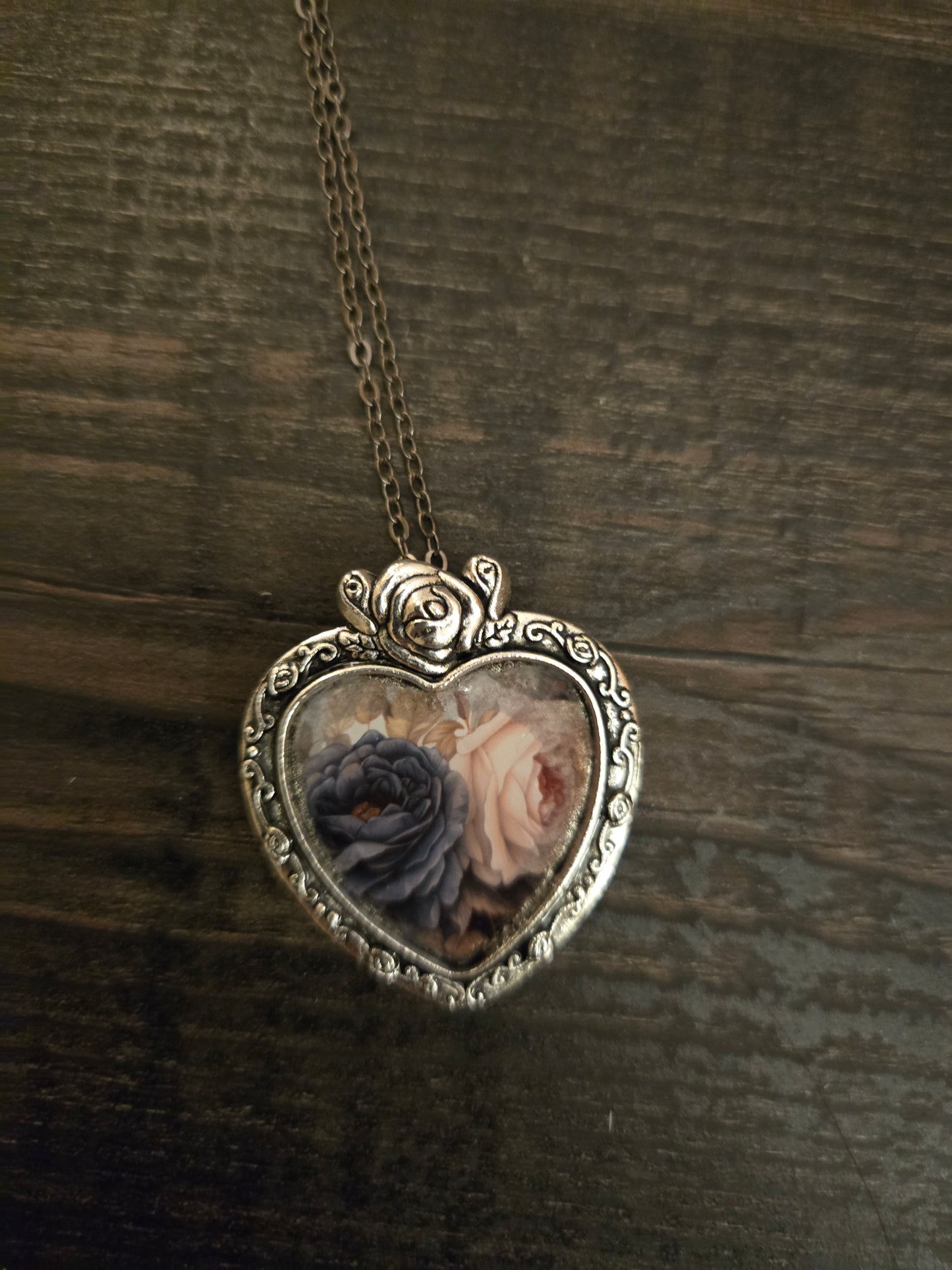 Romantic Rose Heart Necklace • Vintage Floral Keepsake Pendant • Antique Silver Victorian Style Jewelry