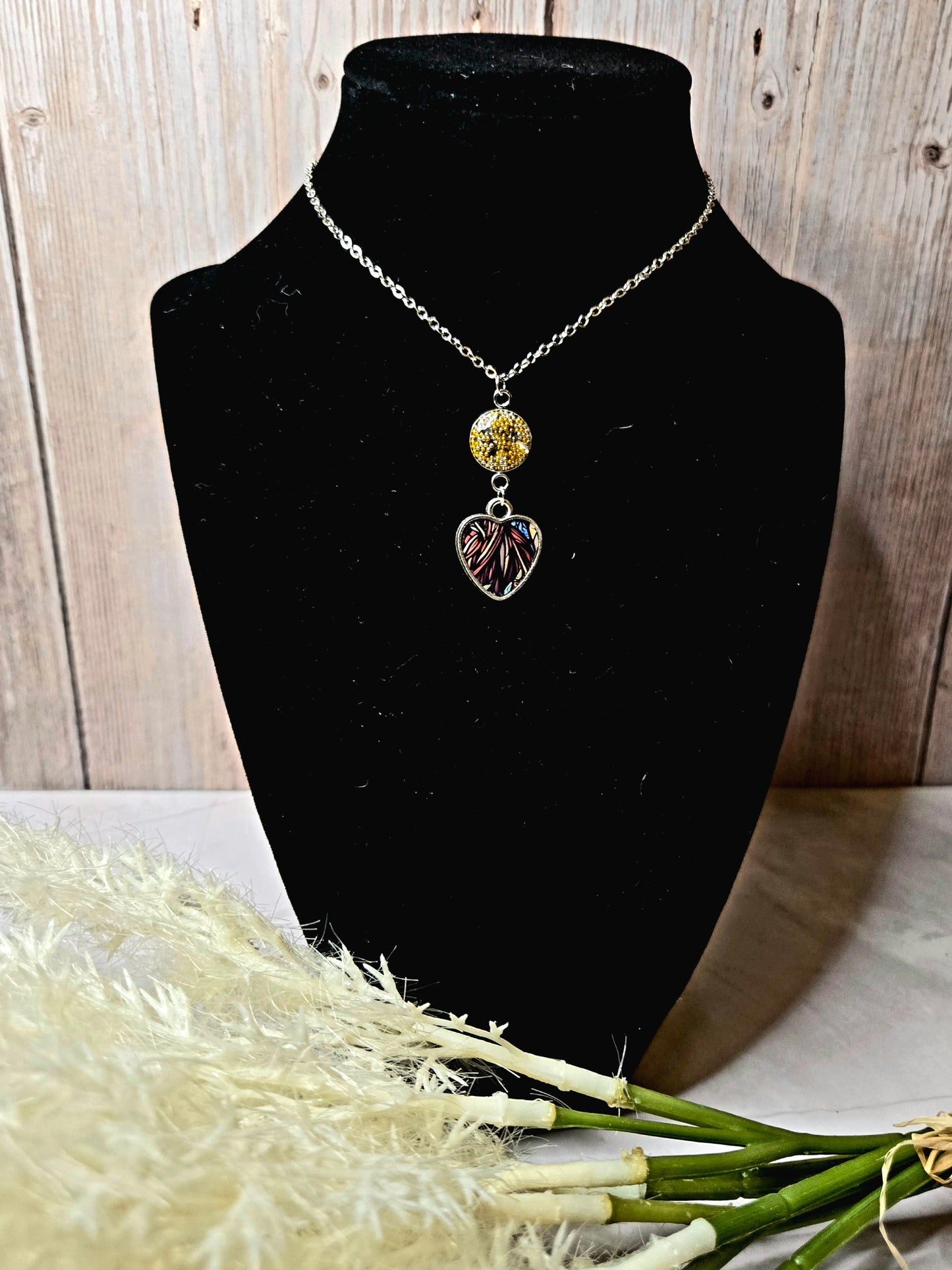 Heart Necklace • Handmade Resin Pendant with Yellow Crystal Bead • Nature-Inspired Jewelry
