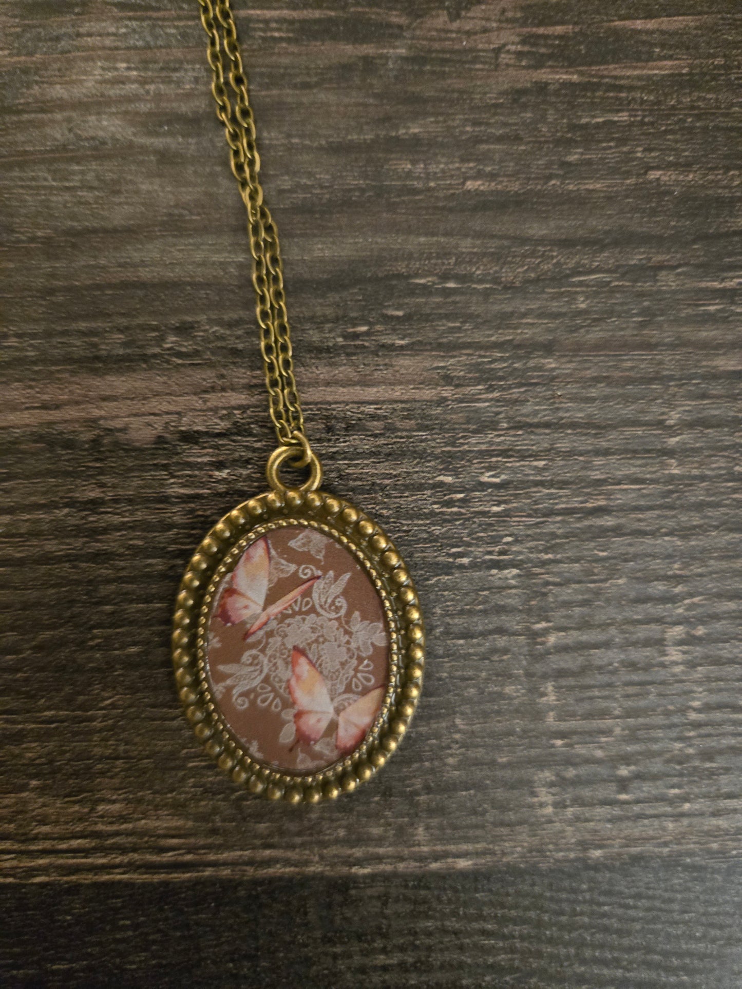 Vintage Bronze Oval Butterfly Pendant Necklace