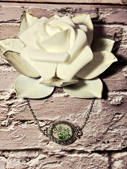 Vintage Style Botanical Glass Pendant Necklace – Silver Ornate Frame
