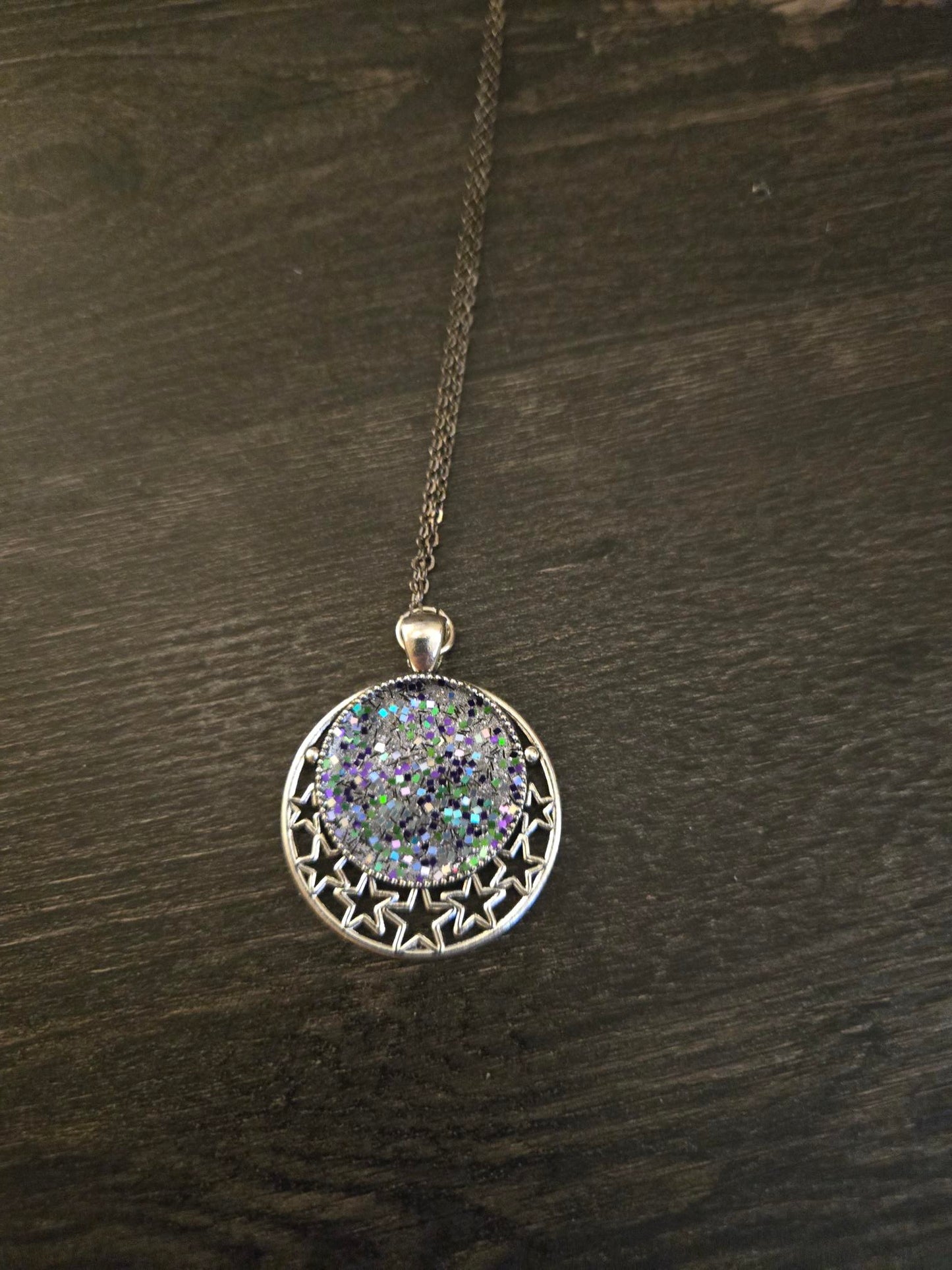 Celestial Silver Star Necklace – Handmade Glitter Moon Pendant