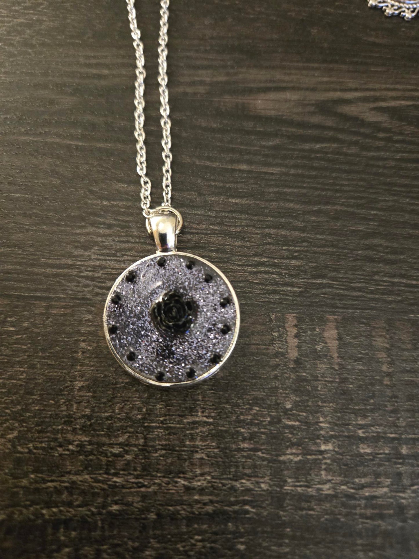 Silver Glitter Pendant Necklace with Black Rose Detail