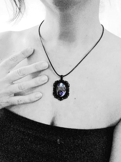 Galaxy Pendant Necklace – Cosmic Purple Nebula Jewelry in Vintage Silver Frame