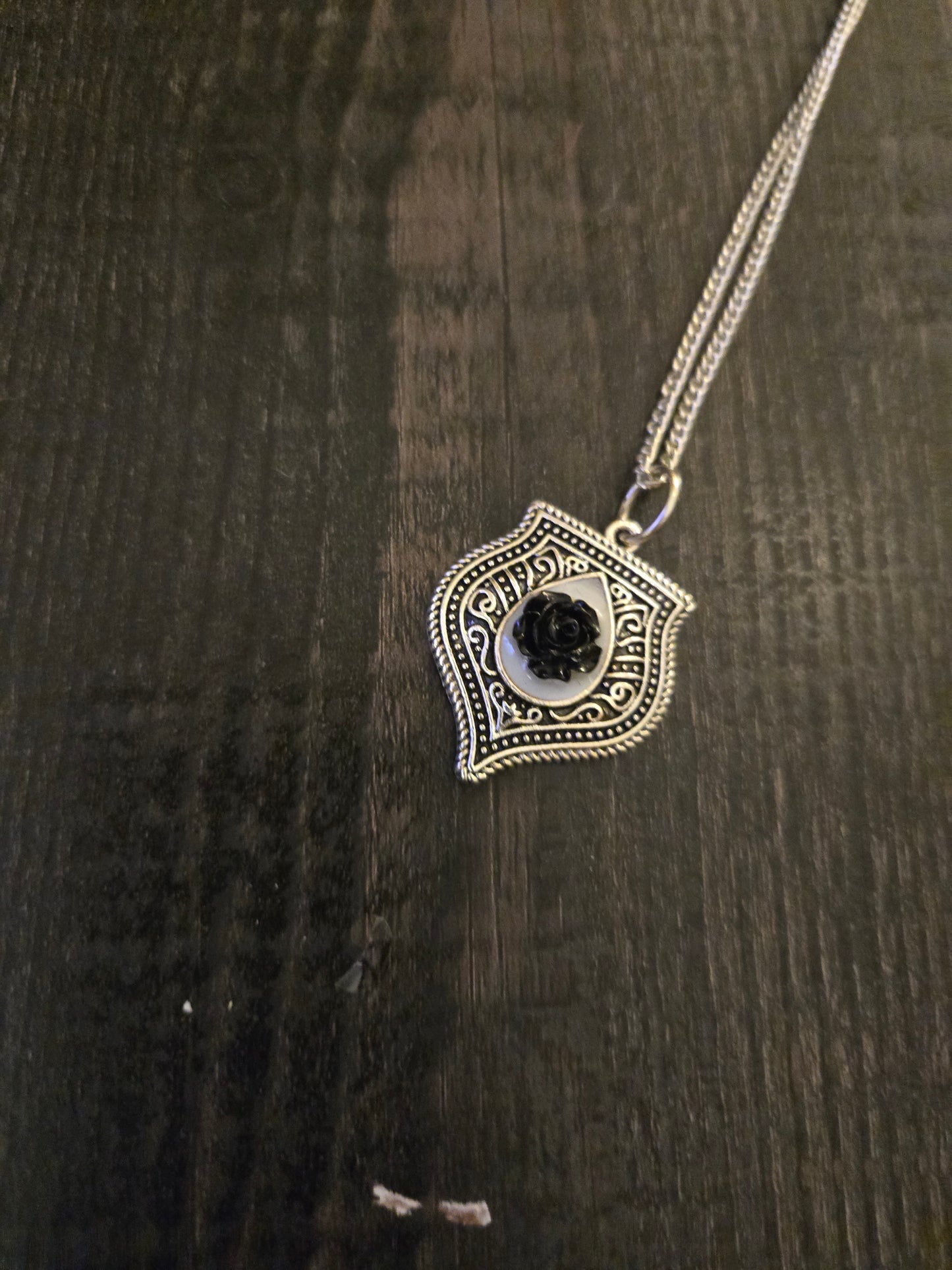 Black Rose Necklace • Gothic Shield Pendant • Dark Romantic Jewelry