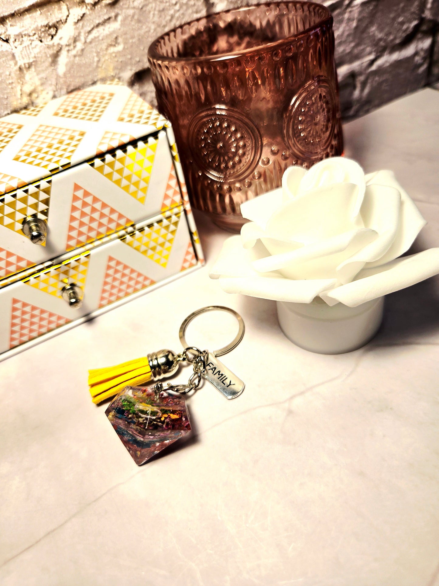 Handmade Resin Diamond Keychain with Family Charm & Yellow Tassel