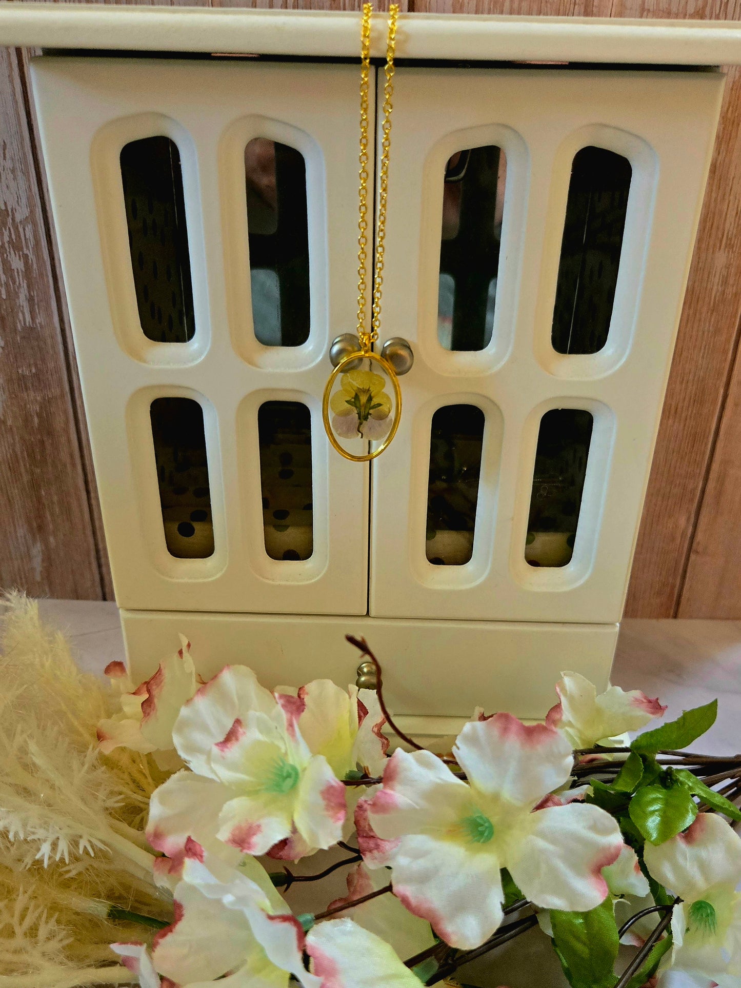 Pressed Flower Necklace – Real Yellow & Purple Blossom in Gold Oval Pendant
