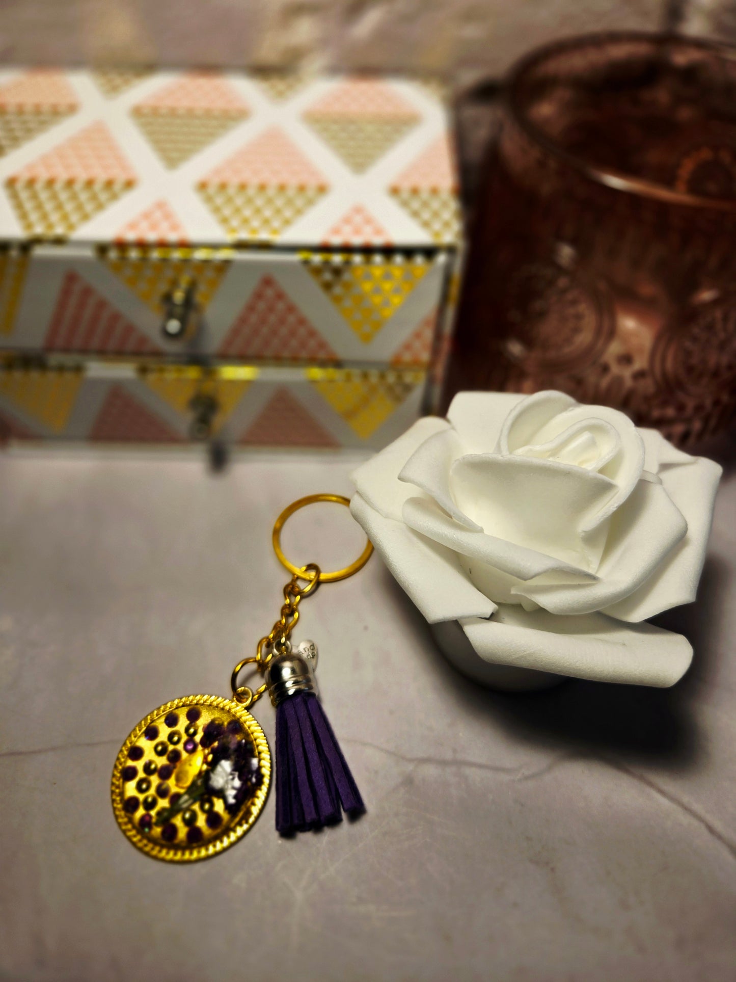 Gold Resin Keychain with Purple Tassel & Real Flower Accent