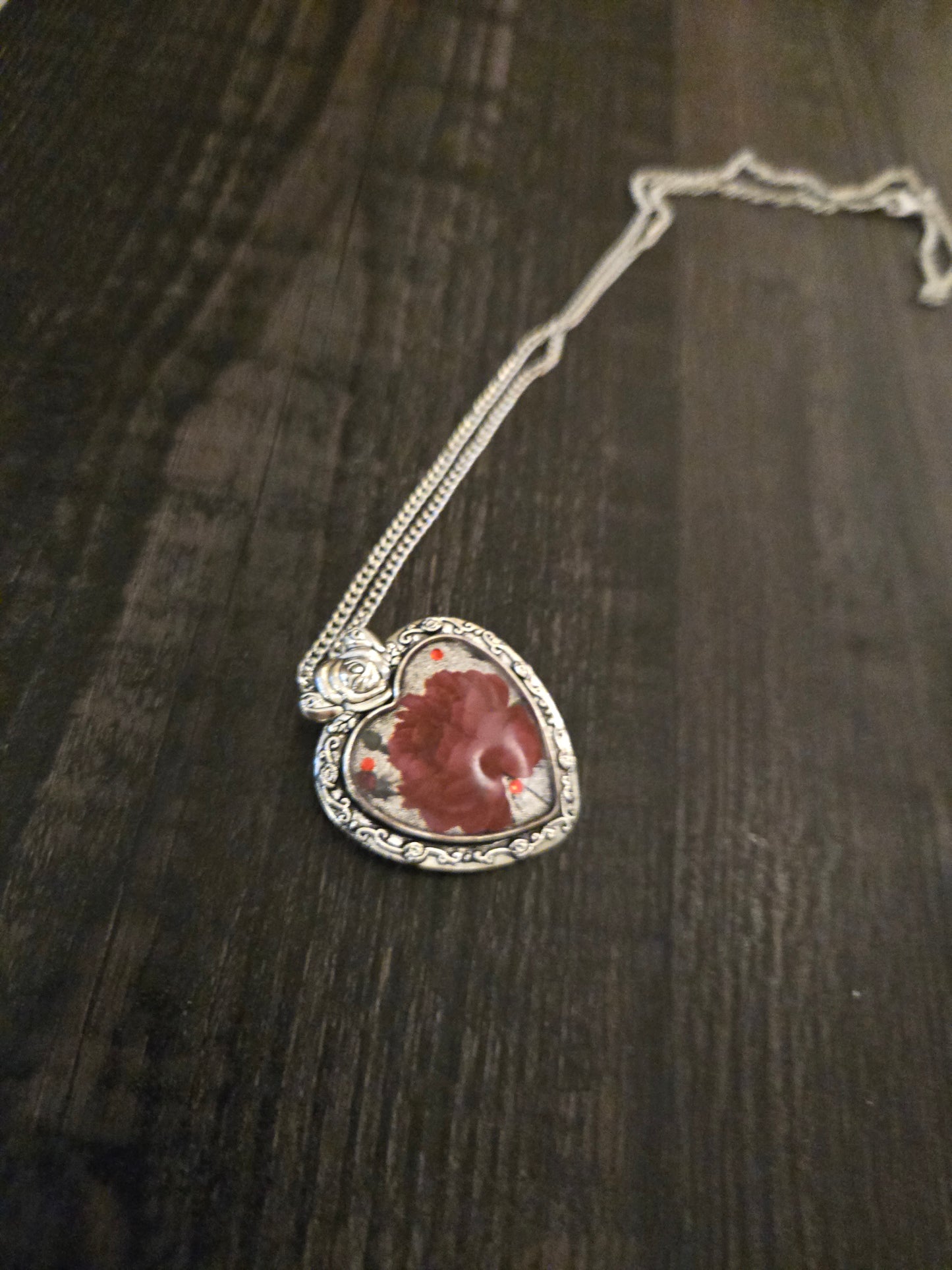 Red Rose Heart Necklace: Gothic Romantic Silver Pendant