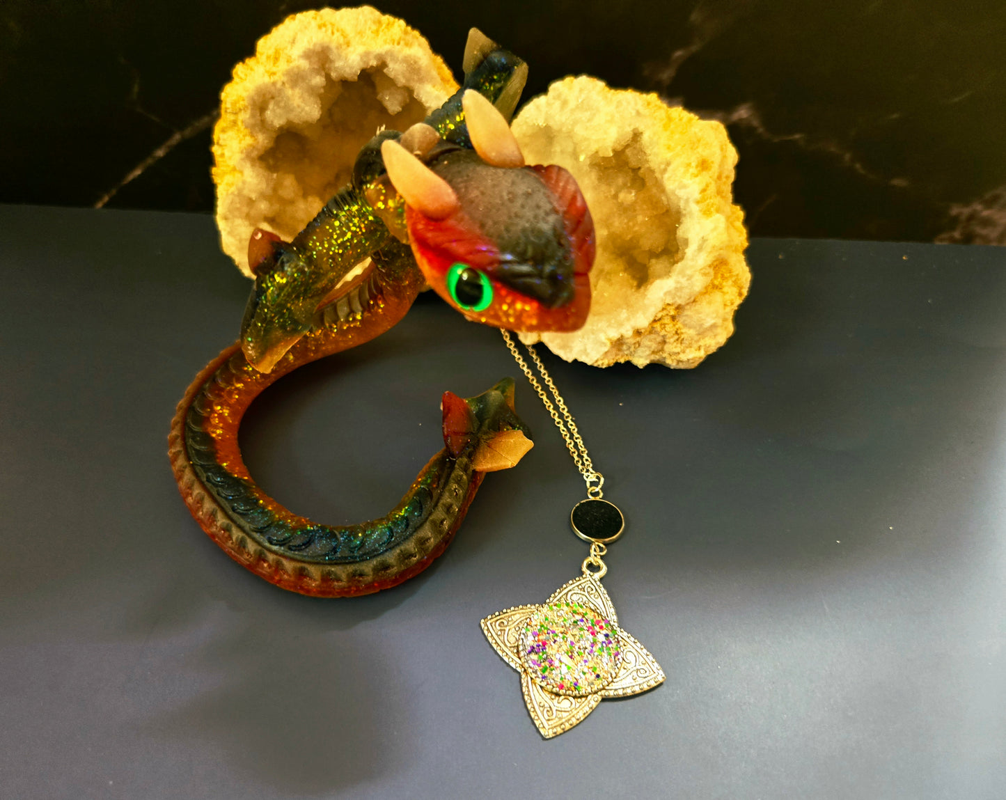 Glitter Resin Pendant Necklace – Silver Filigree Star with Blue Accent