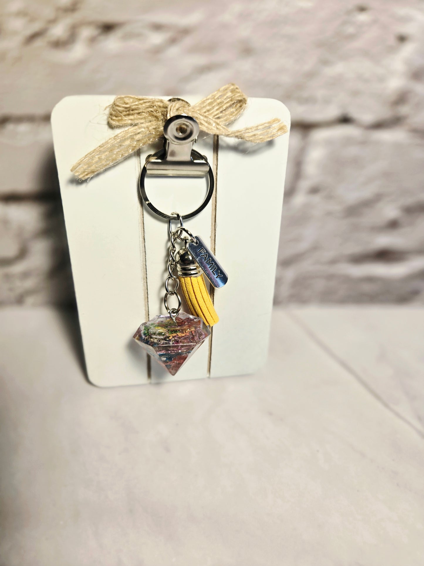 Handmade Resin Diamond Keychain with Family Charm & Yellow Tassel