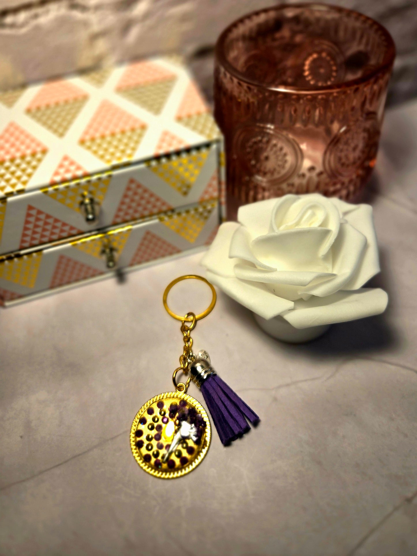Gold Resin Keychain with Purple Tassel & Real Flower Accent