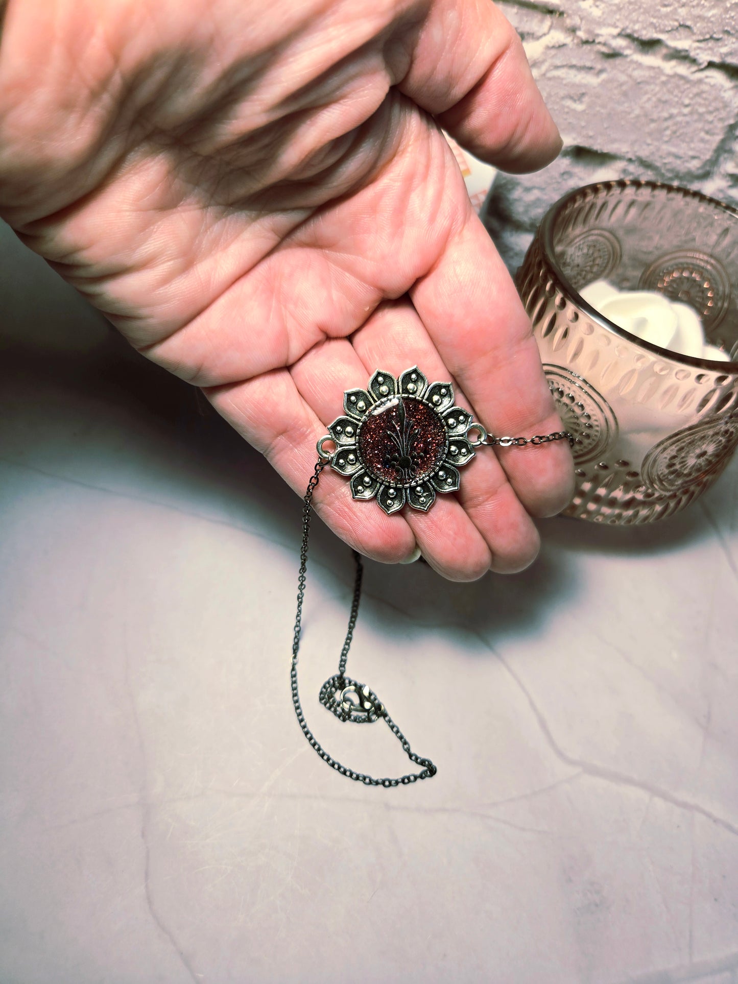 Red Glitter Mandala Necklace: Boho Floral Pendant, Vintage Style