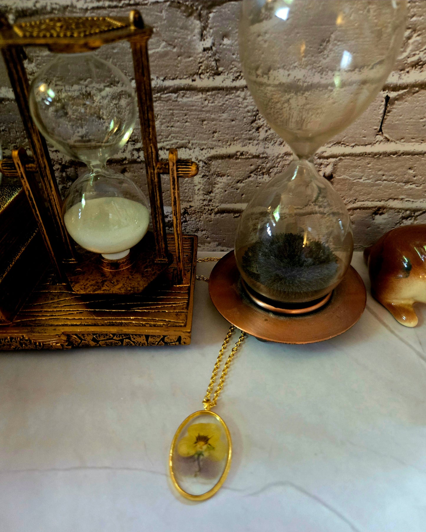 Pressed Flower Necklace – Real Yellow & Purple Blossom in Gold Oval Pendant
