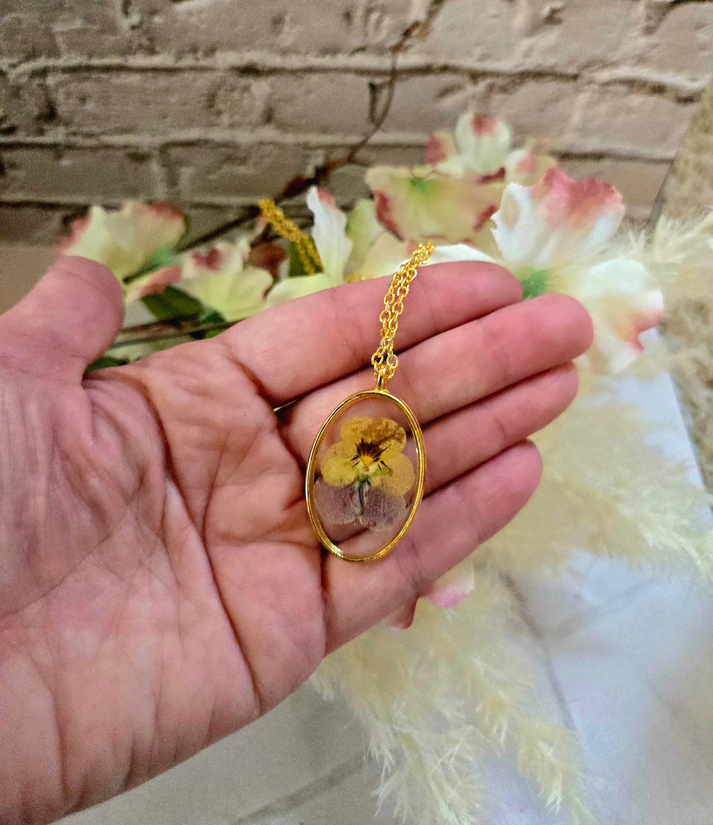 Pressed Flower Necklace – Real Yellow & Purple Blossom in Gold Oval Pendant