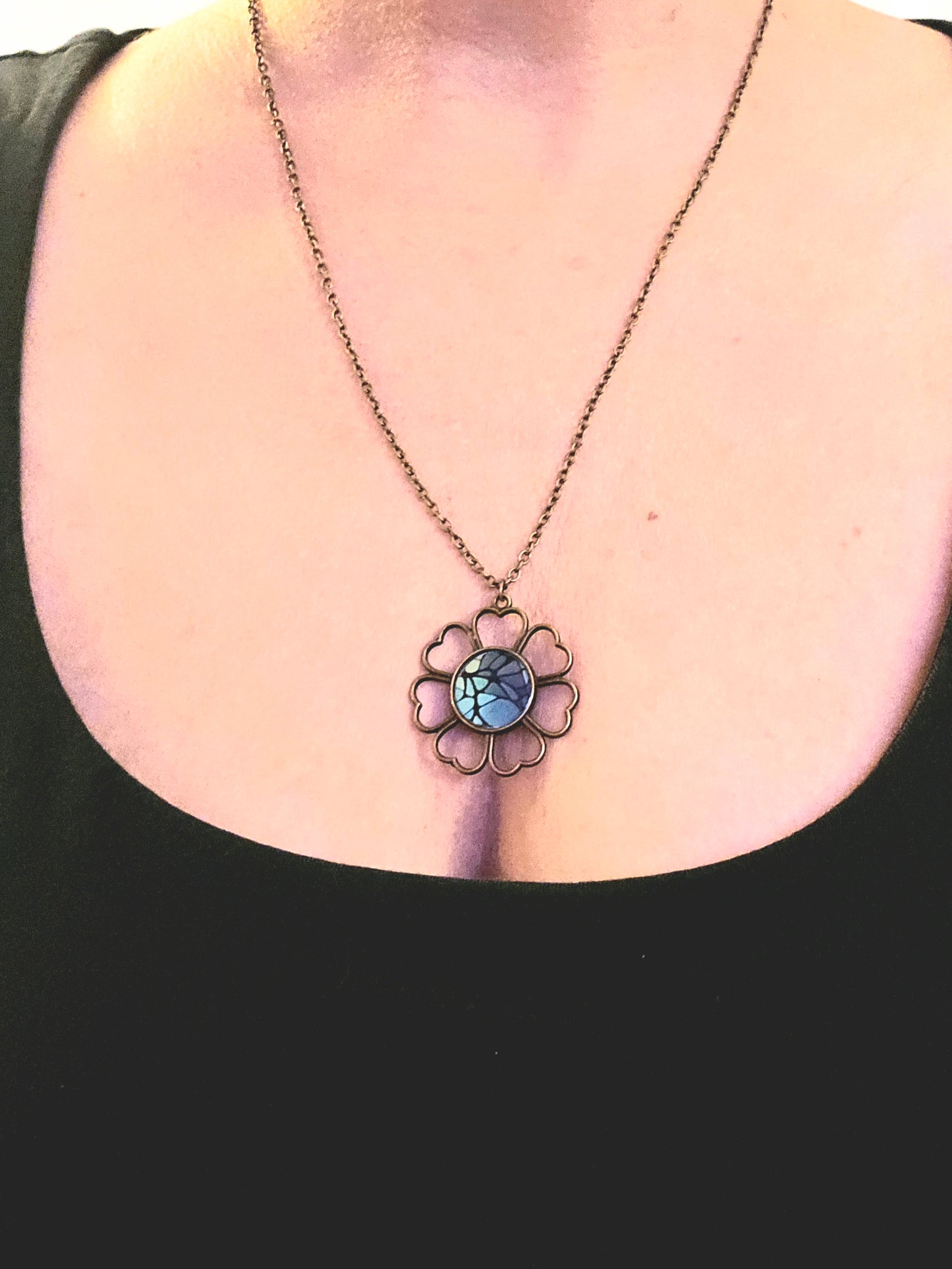 Mosaic Flower Necklace: Handmade Blue Green Glass Pendant