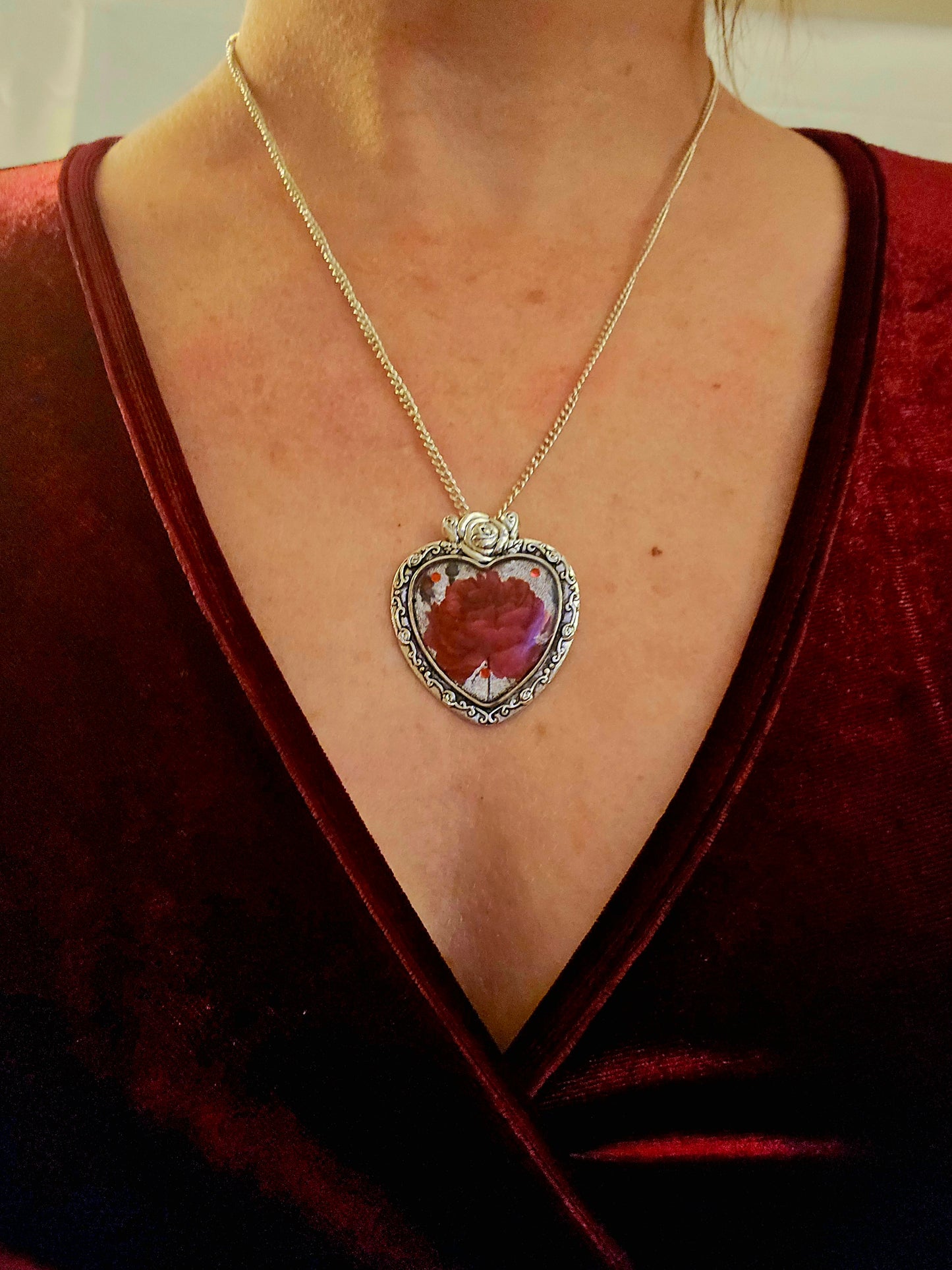 Red Rose Heart Necklace: Gothic Romantic Silver Pendant