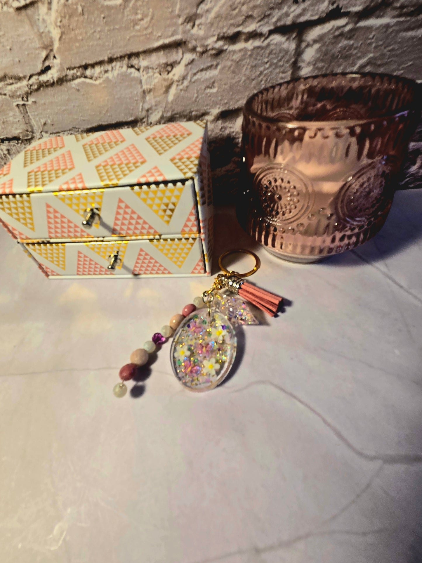 Handmade Resin Oval Keychain with Beaded Charm & Tassel – Glitter Sparkle Keyring Gift