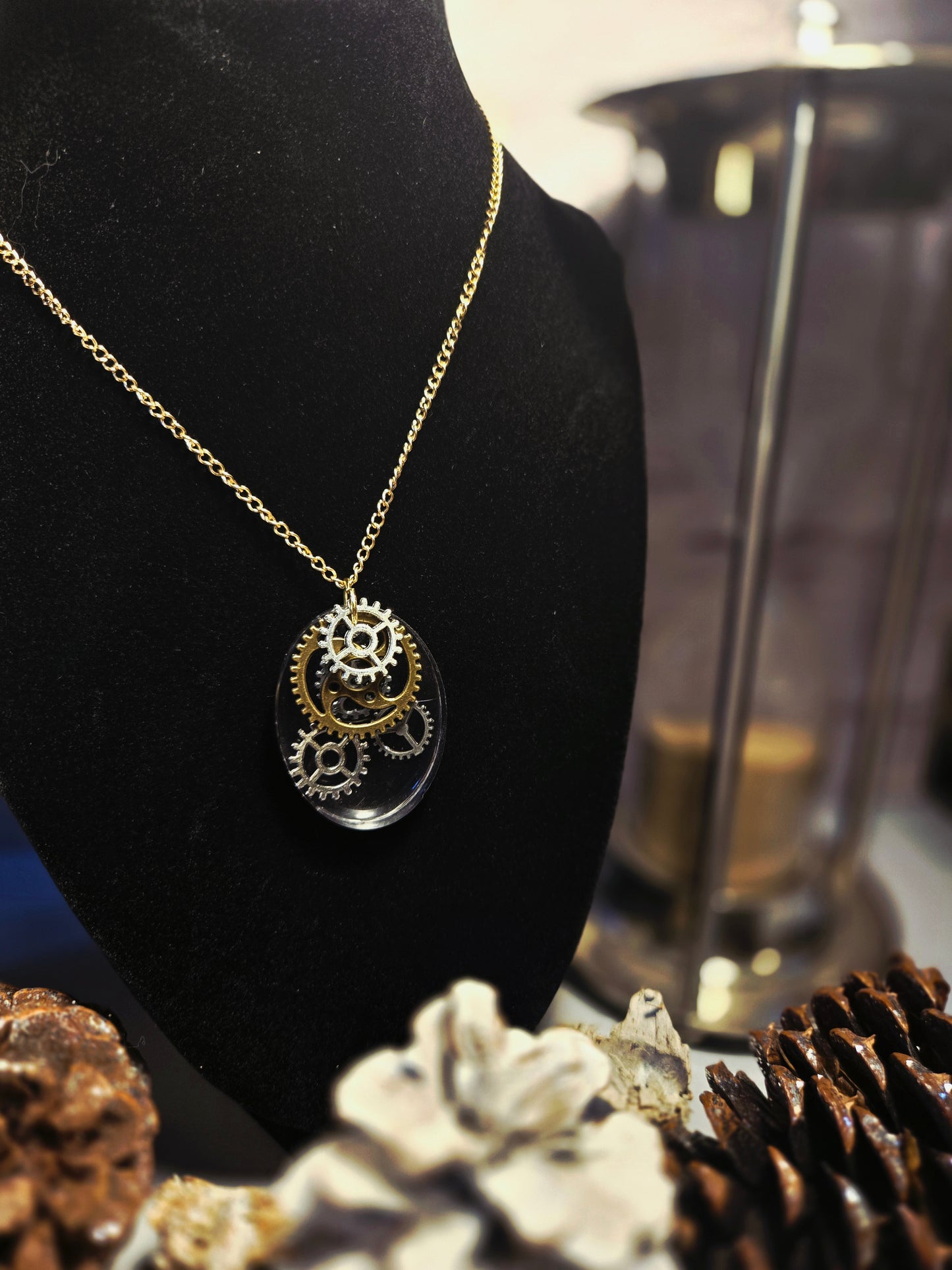 Steampunk Gear Necklace: Gold & Silver Resin Pendant