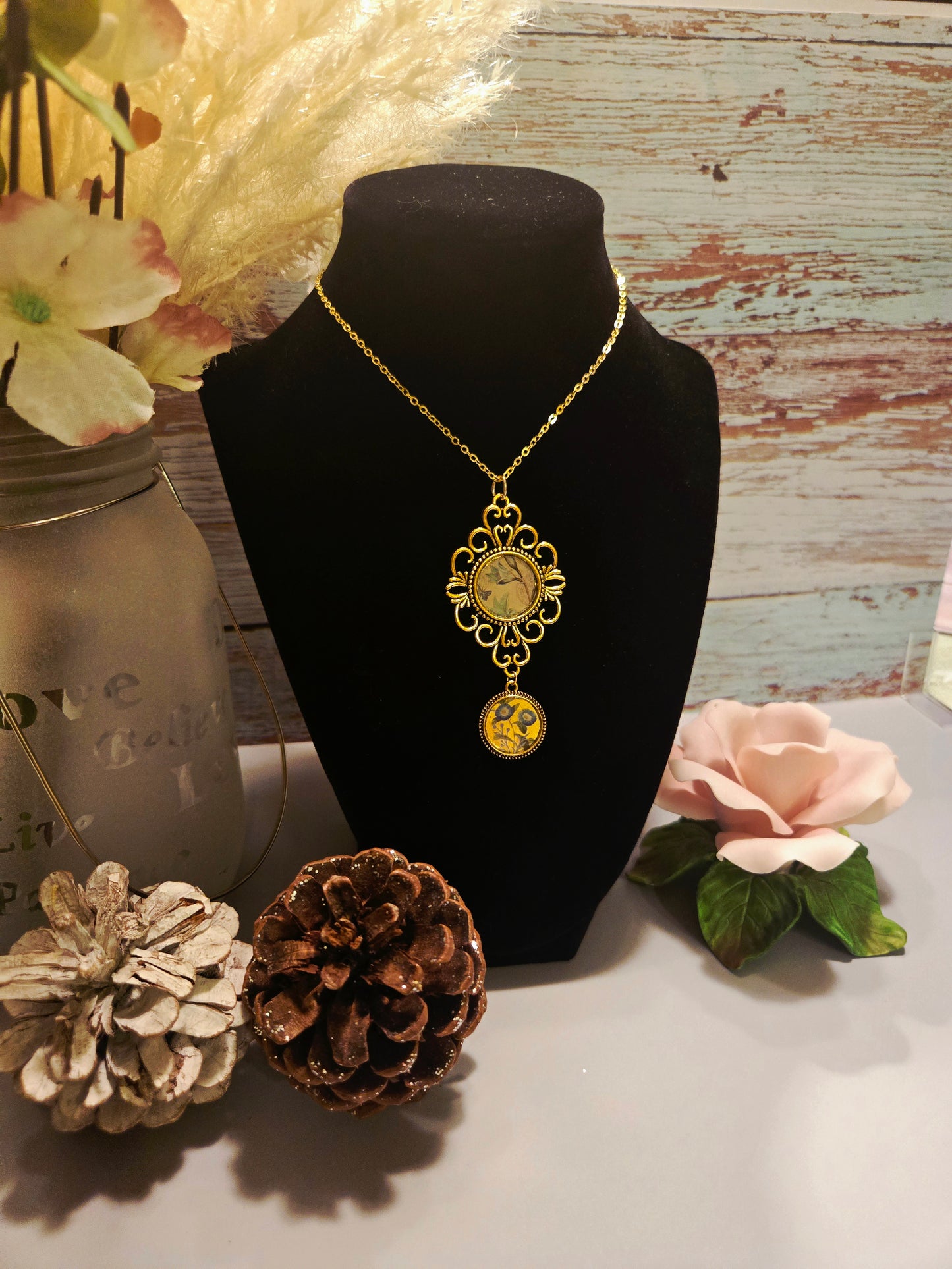 Vintage Flower Pendant Necklace – Antique Brass Double Charm Necklace – Nature Inspired