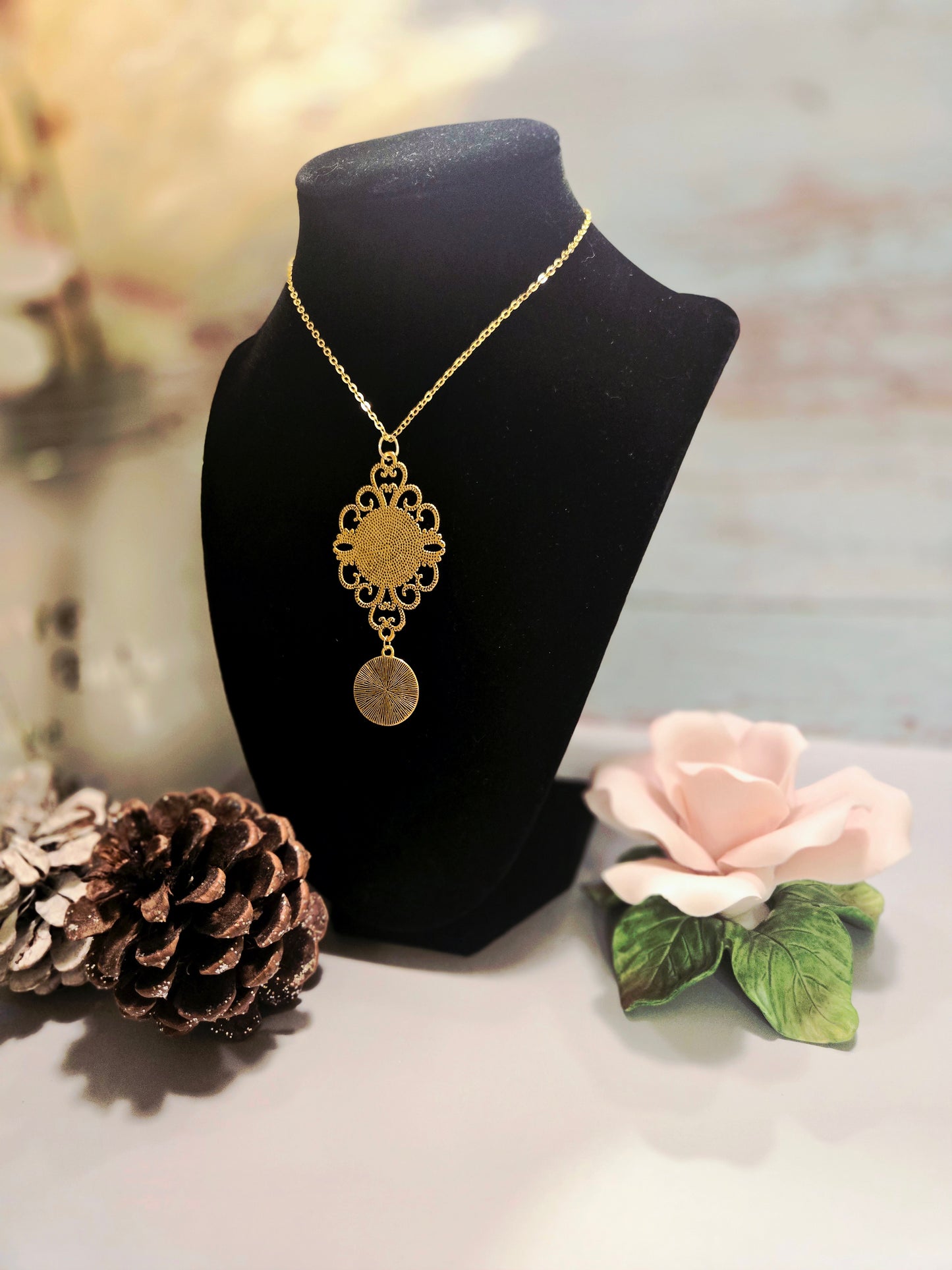 Vintage Flower Pendant Necklace – Antique Brass Double Charm Necklace – Nature Inspired