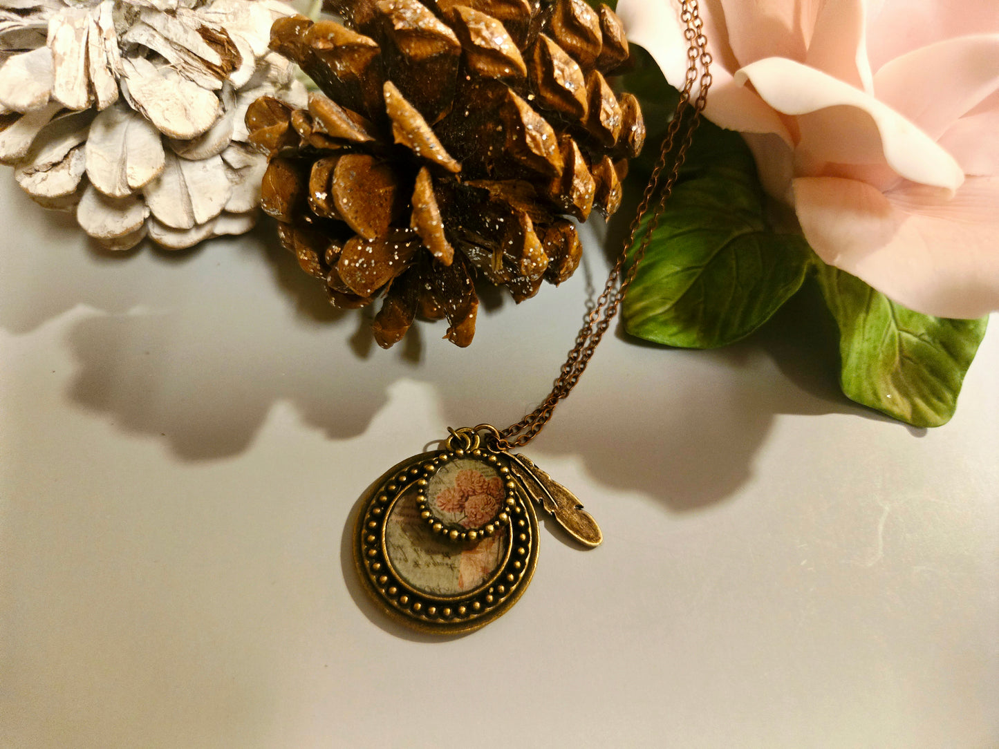 Vintage Floral Pendant Necklace: Pink Flower Illustration, Feather Charm