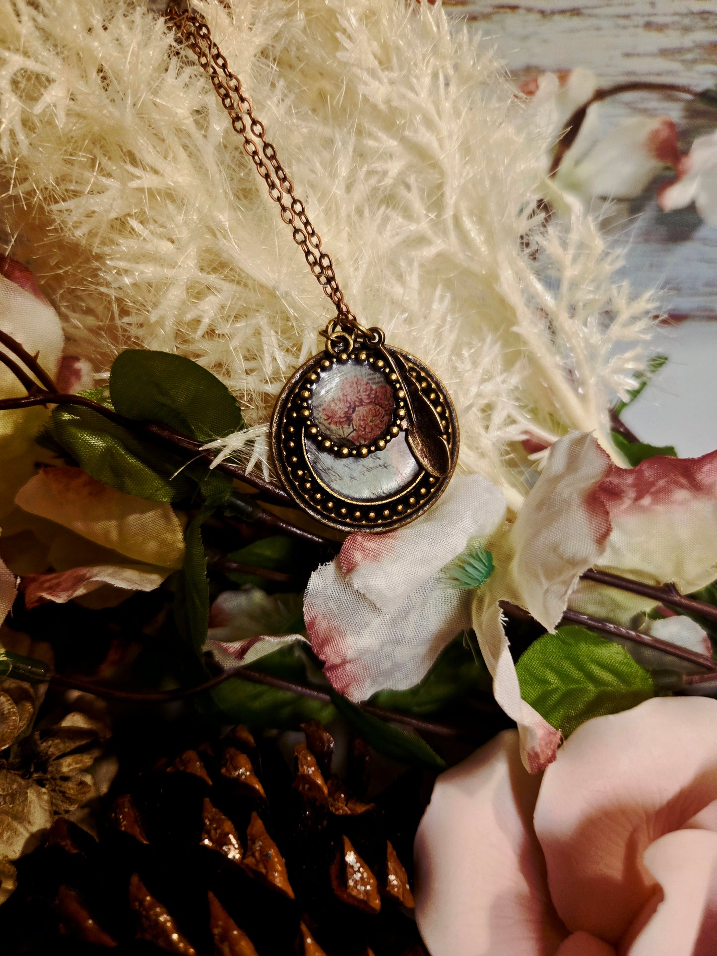 Vintage Floral Pendant Necklace: Pink Flower Illustration, Feather Charm