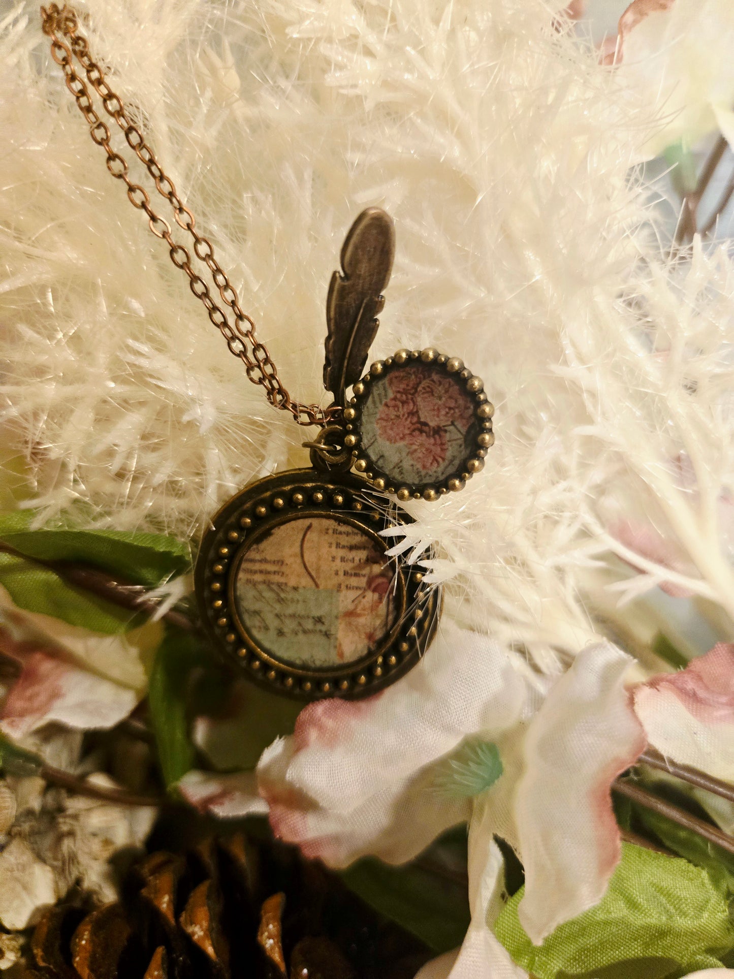 Vintage Floral Pendant Necklace: Pink Flower Illustration, Feather Charm