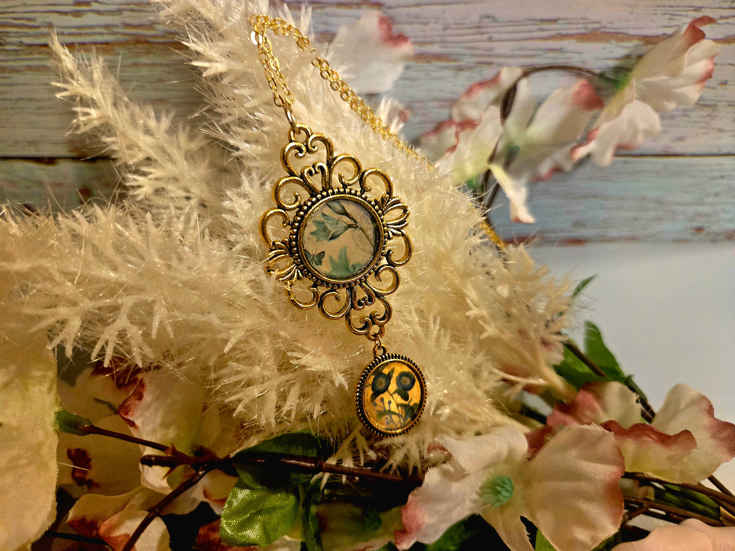 Vintage Flower Pendant Necklace – Antique Brass Double Charm Necklace – Nature Inspired