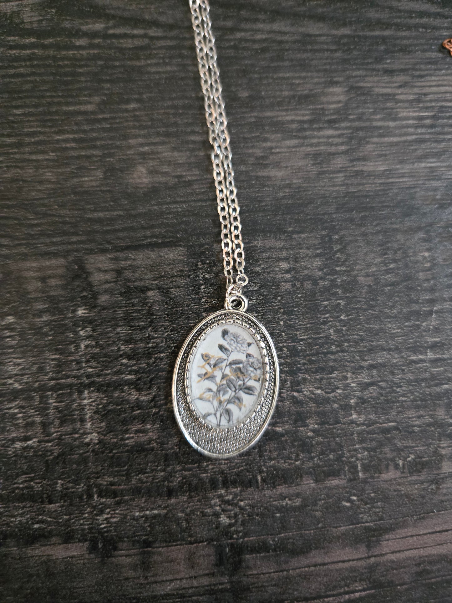 Vintage Black and White Floral Cameo Necklace – Handmade Oval Pendant