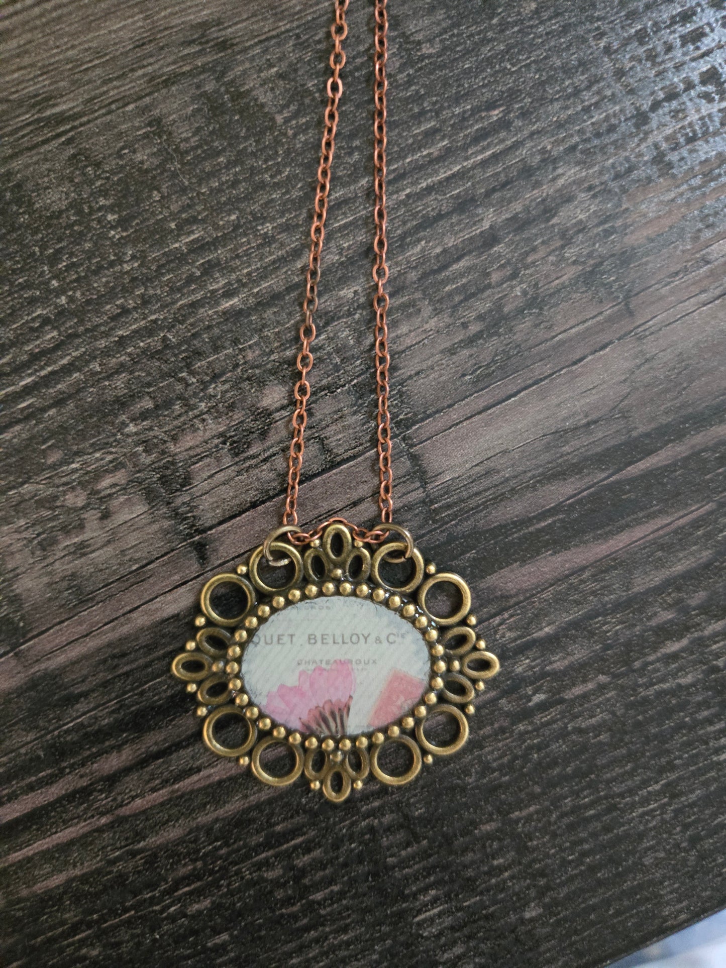 Vintage French Botanical Necklace – Pink Poppy Floral Pendant – Antique Bronze