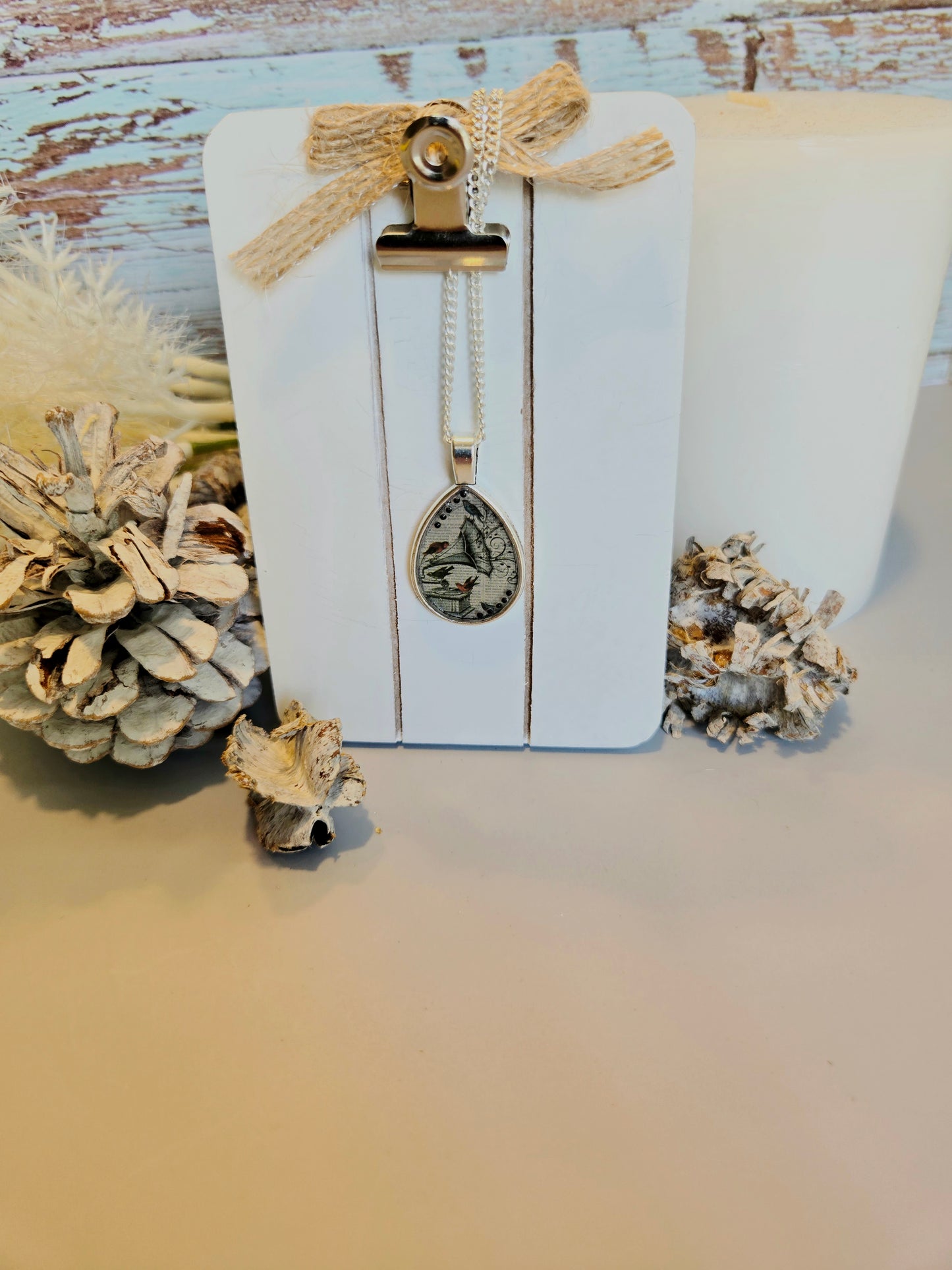 Whimsical Teardrop Pendant Necklace: Vintage Bird Collage, Resin Charm