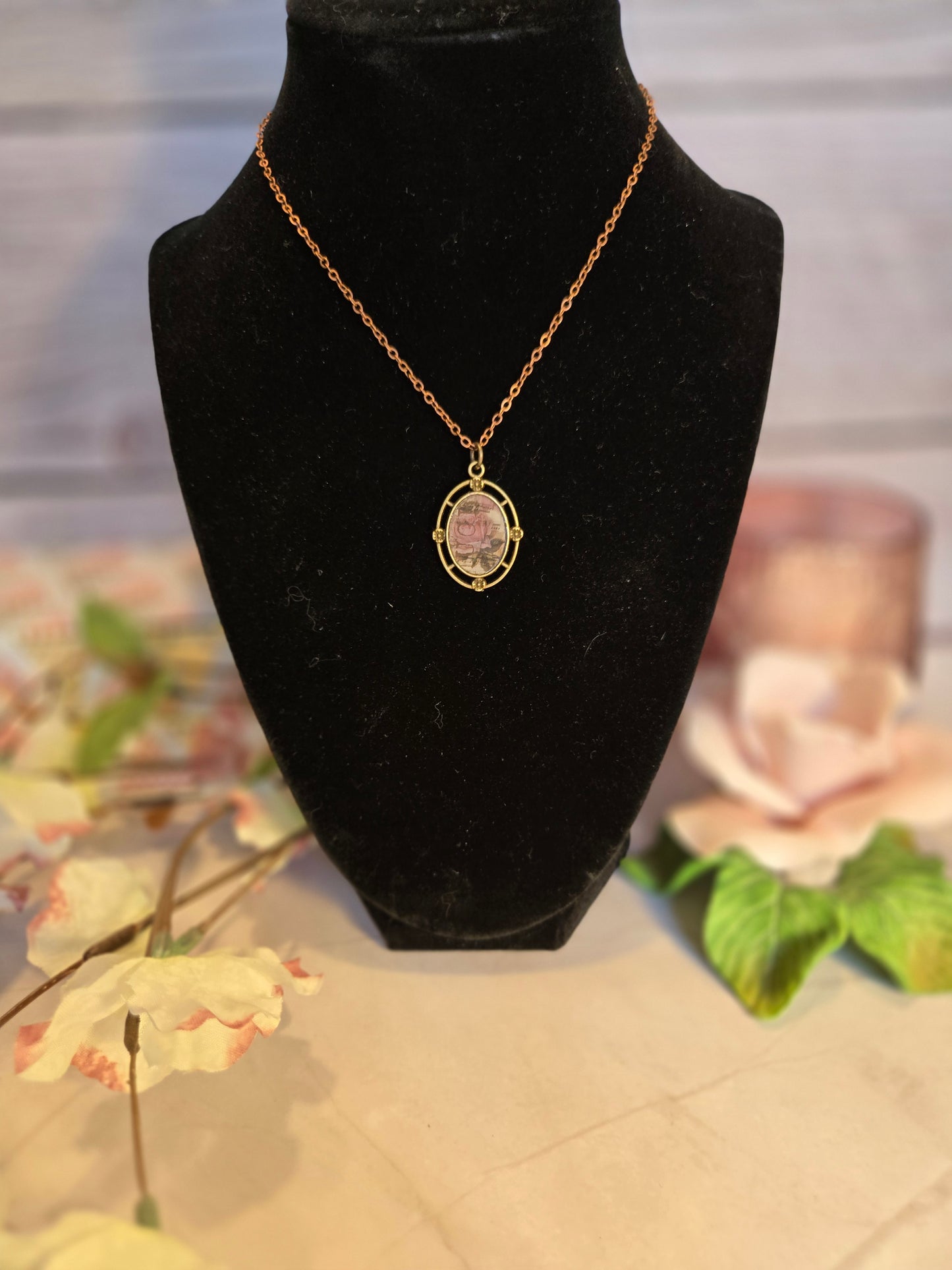 Vintage Rose Music Pendant Necklace: Antique Brass