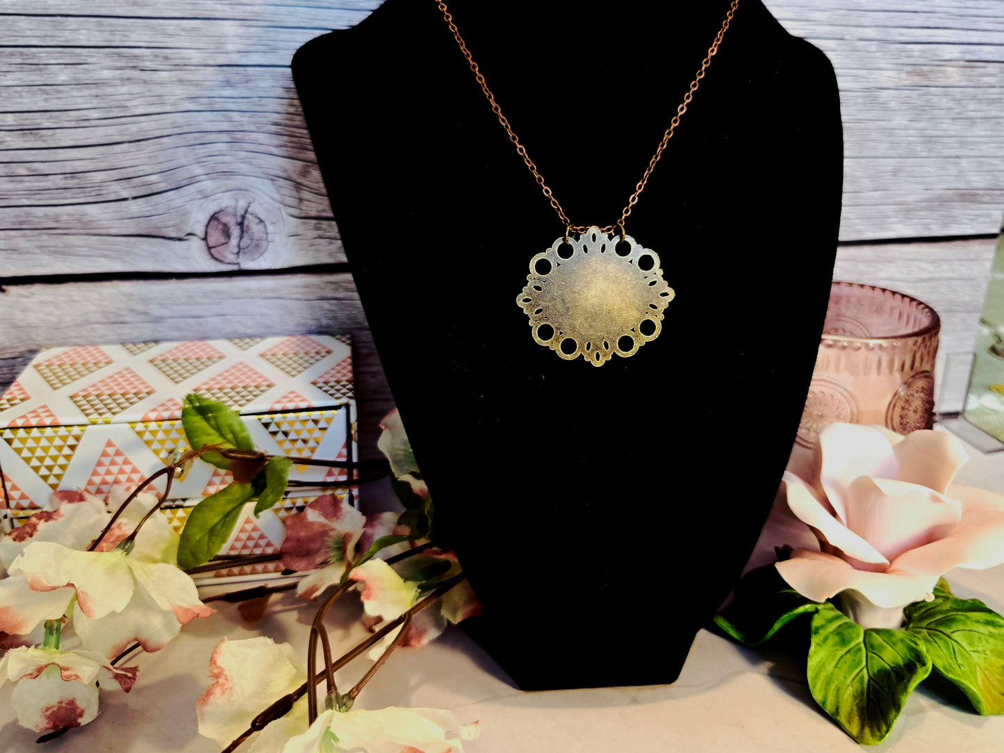 Vintage French Botanical Necklace – Pink Poppy Floral Pendant – Antique Bronze