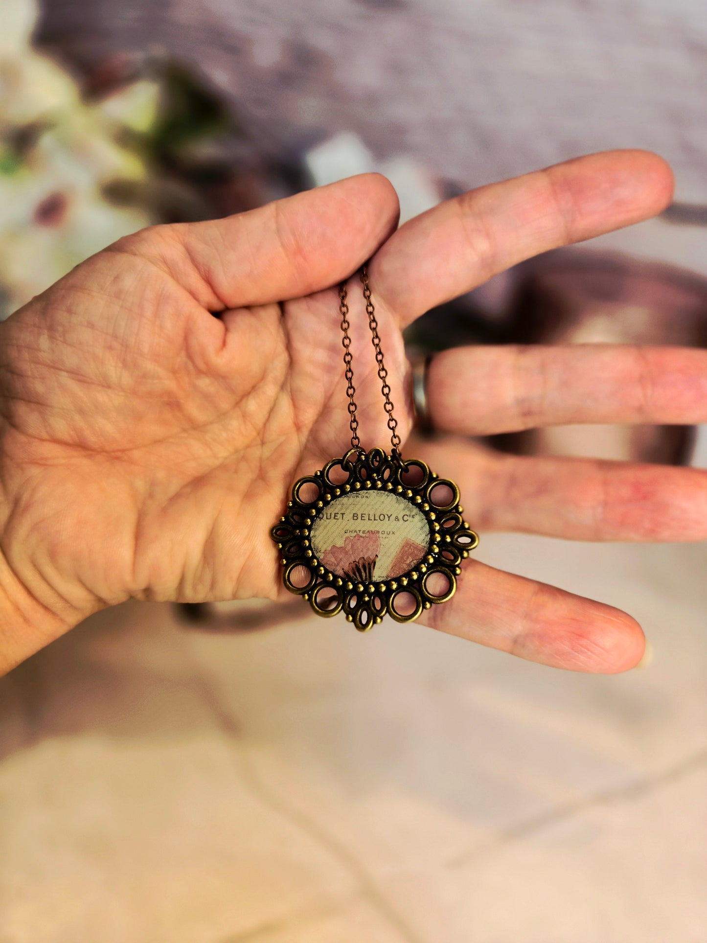 Vintage French Botanical Necklace – Pink Poppy Floral Pendant – Antique Bronze