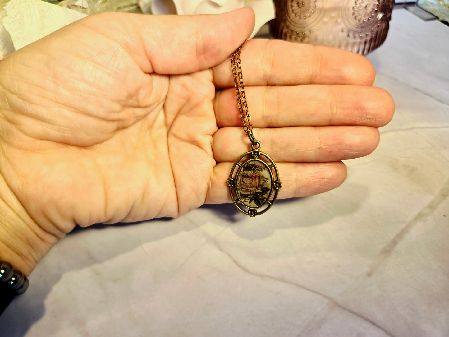 Vintage Rose Music Pendant Necklace: Antique Brass