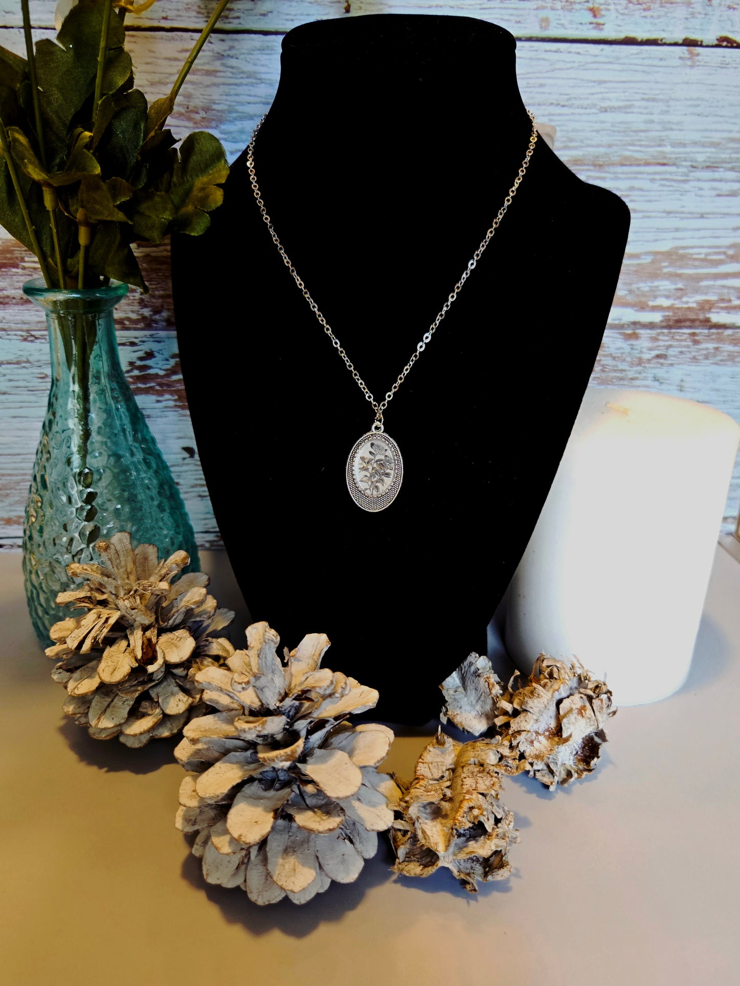 Vintage Black and White Floral Cameo Necklace – Handmade Oval Pendant