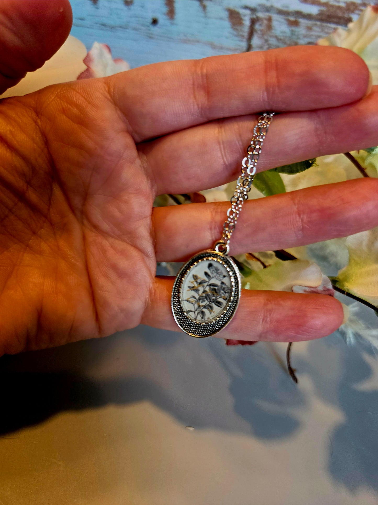Vintage Black and White Floral Cameo Necklace – Handmade Oval Pendant