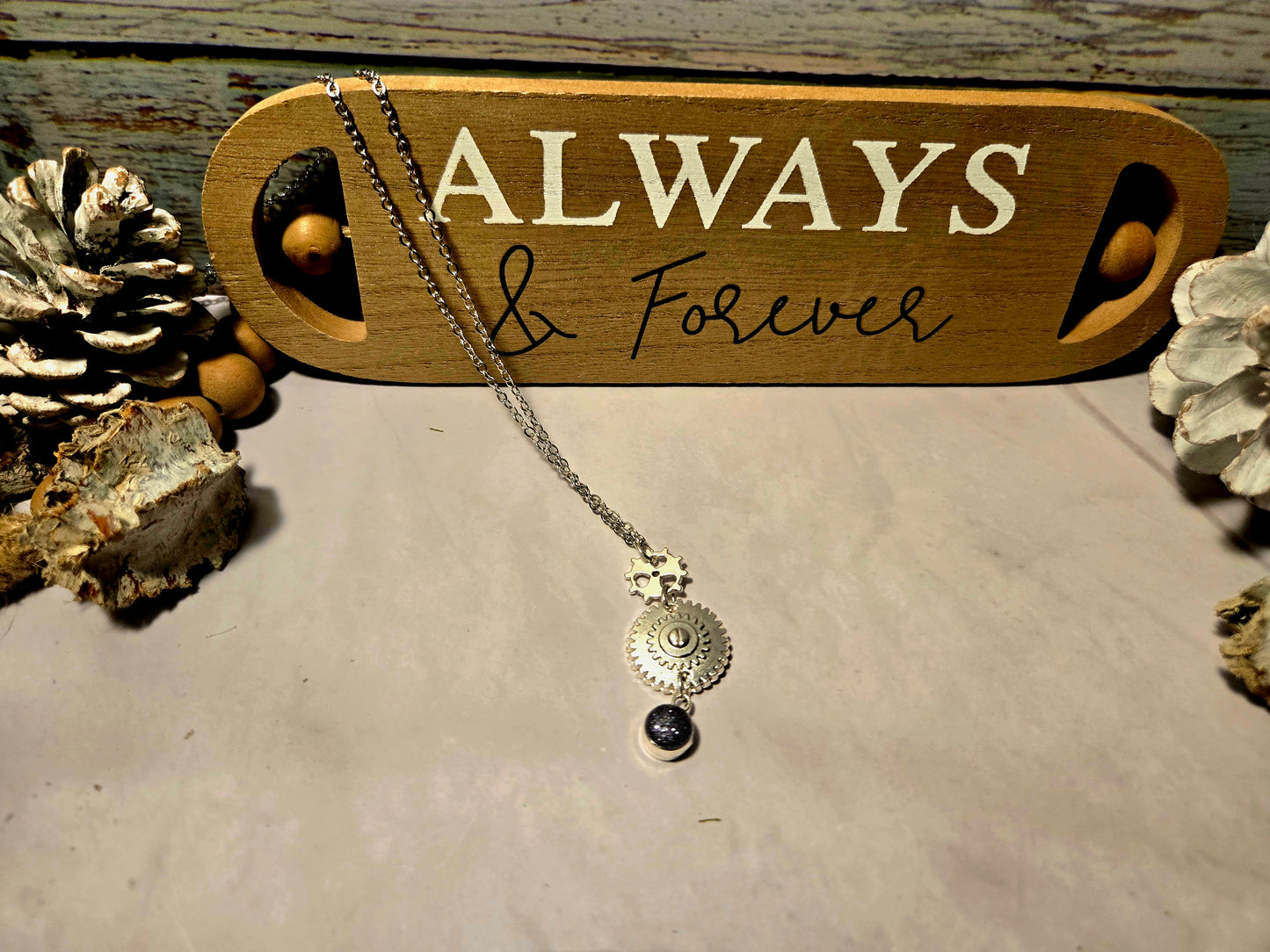 Steampunk Gear Necklace: Silver Industrial Pendant with Charm Detail